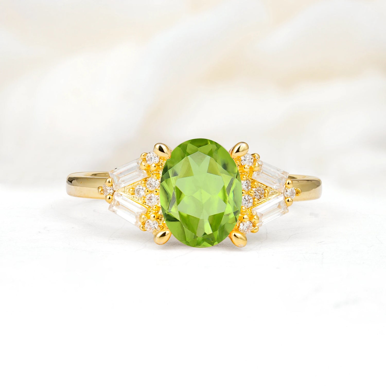 Classic Oval Cut Baguette Side Cluster Peridot Engagement Ring
