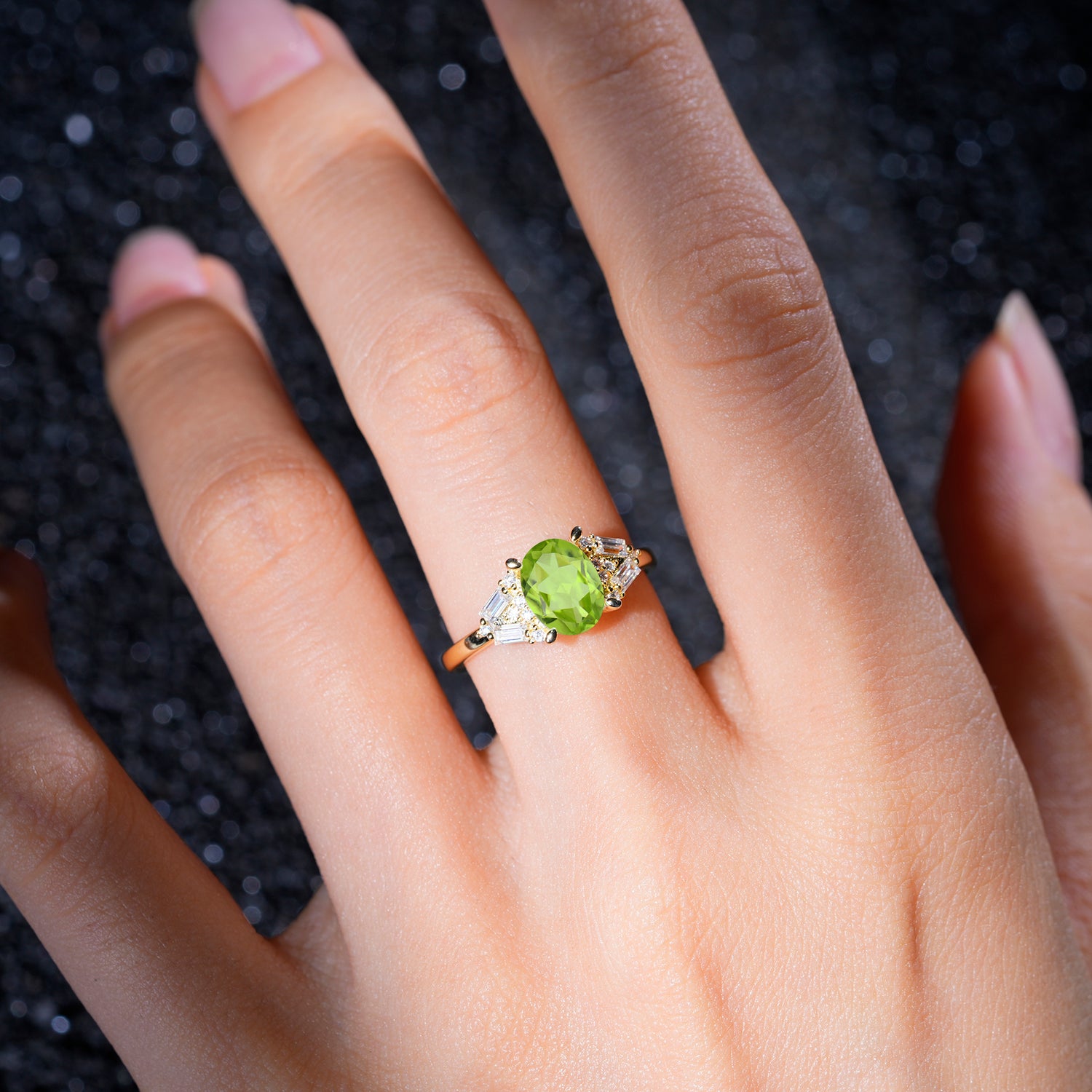Classic Oval Cut Baguette Side Cluster Peridot Engagement Ring