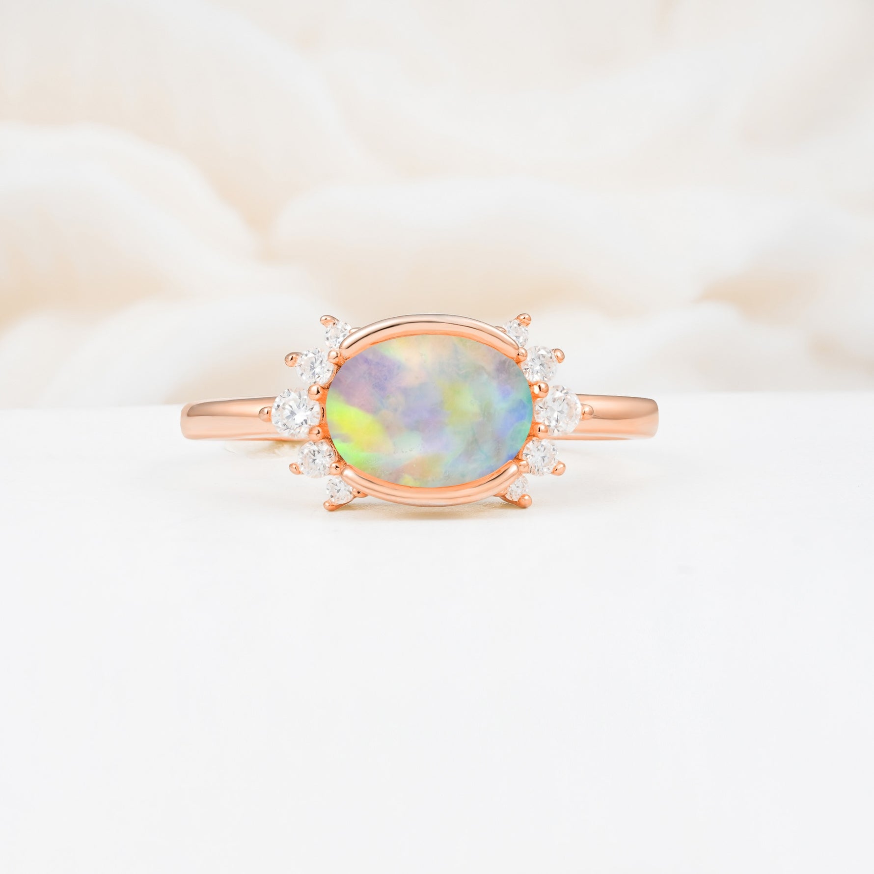 Timeless Oval Cut Bezel Frame Halo Fire Opal Engagement Ring - Additional view