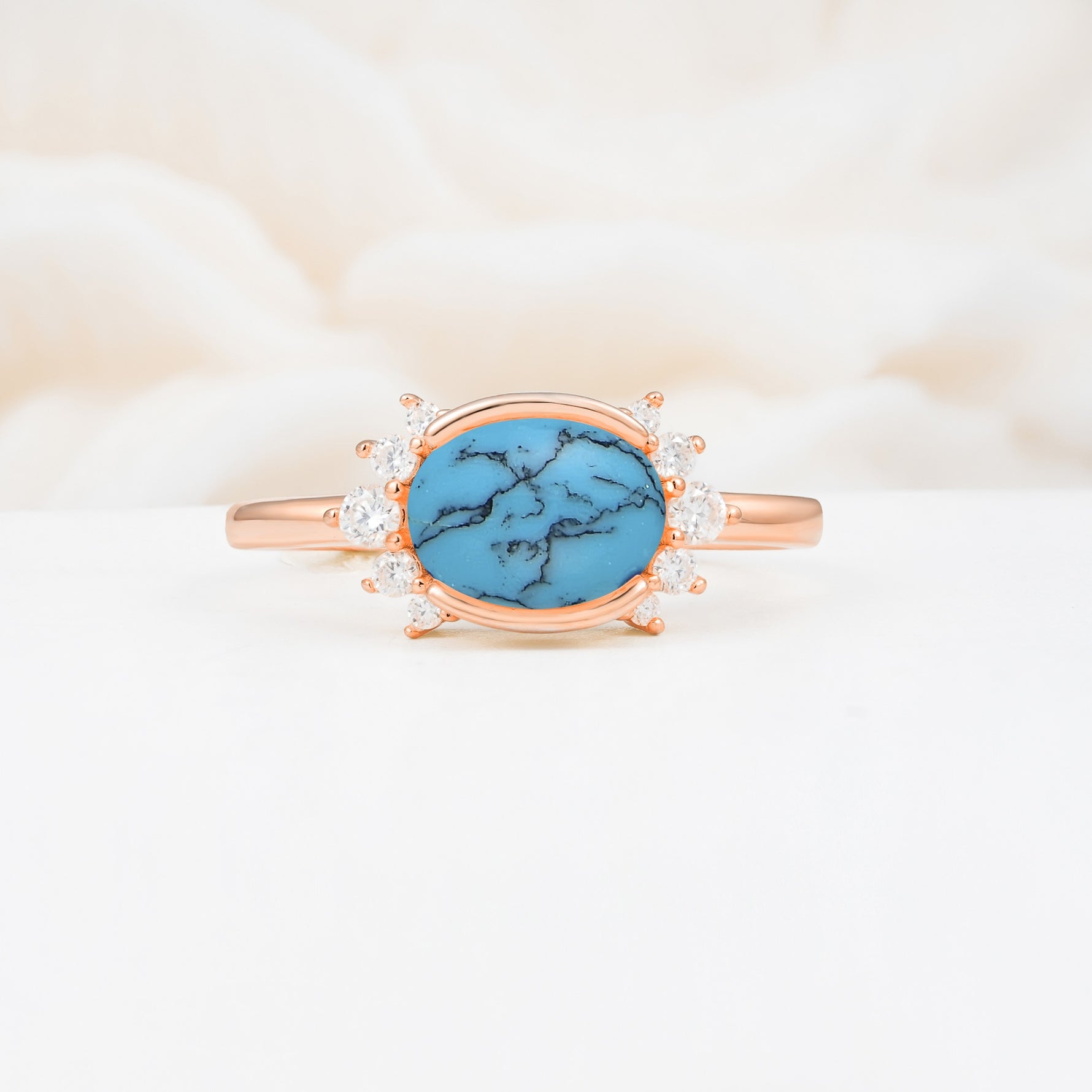 Timeless Oval Cut Bezel Frame Halo Turquoise Engagement Ring - Additional view