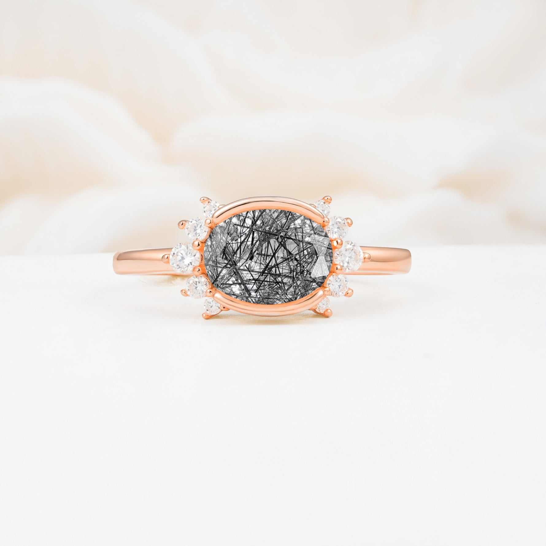 Timeless Oval Cut Bezel Frame Halo Black Rutilated Quartz Engagement Ring - Additional view