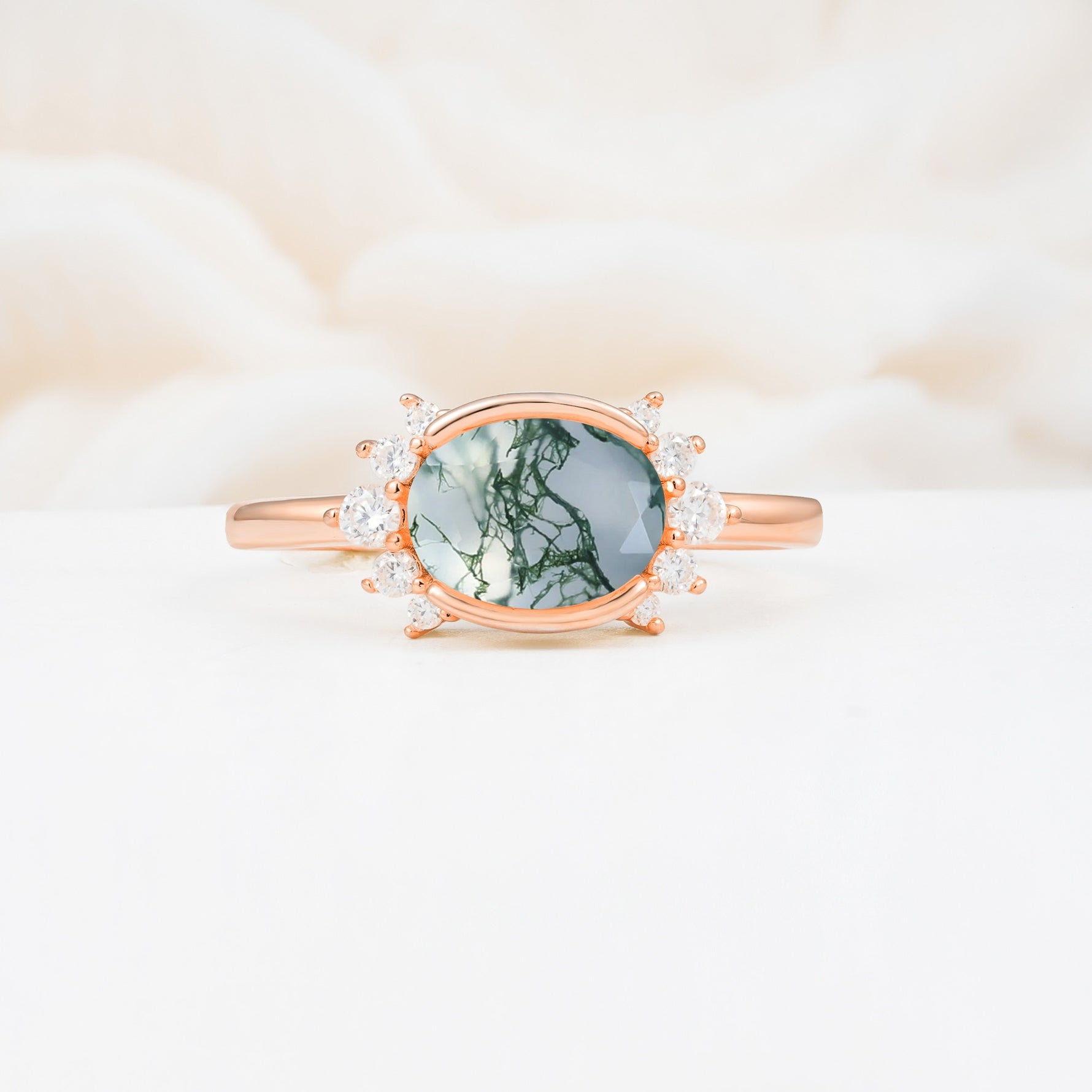 Timeless Oval Cut Bezel Frame Halo Moss Agate Engagement Ring - Additional view