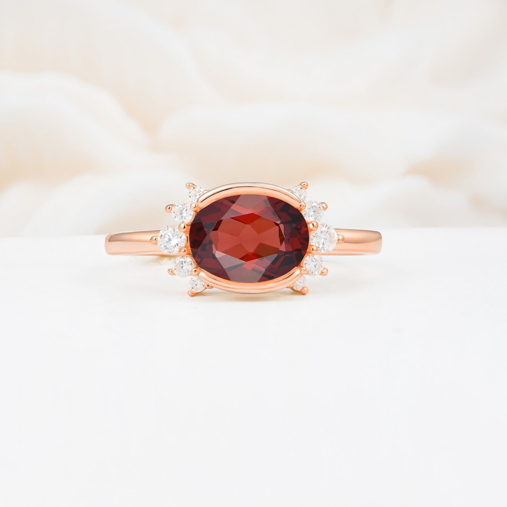 Timeless Oval Cut Bezel Frame Halo Garnet Engagement Ring - Additional view