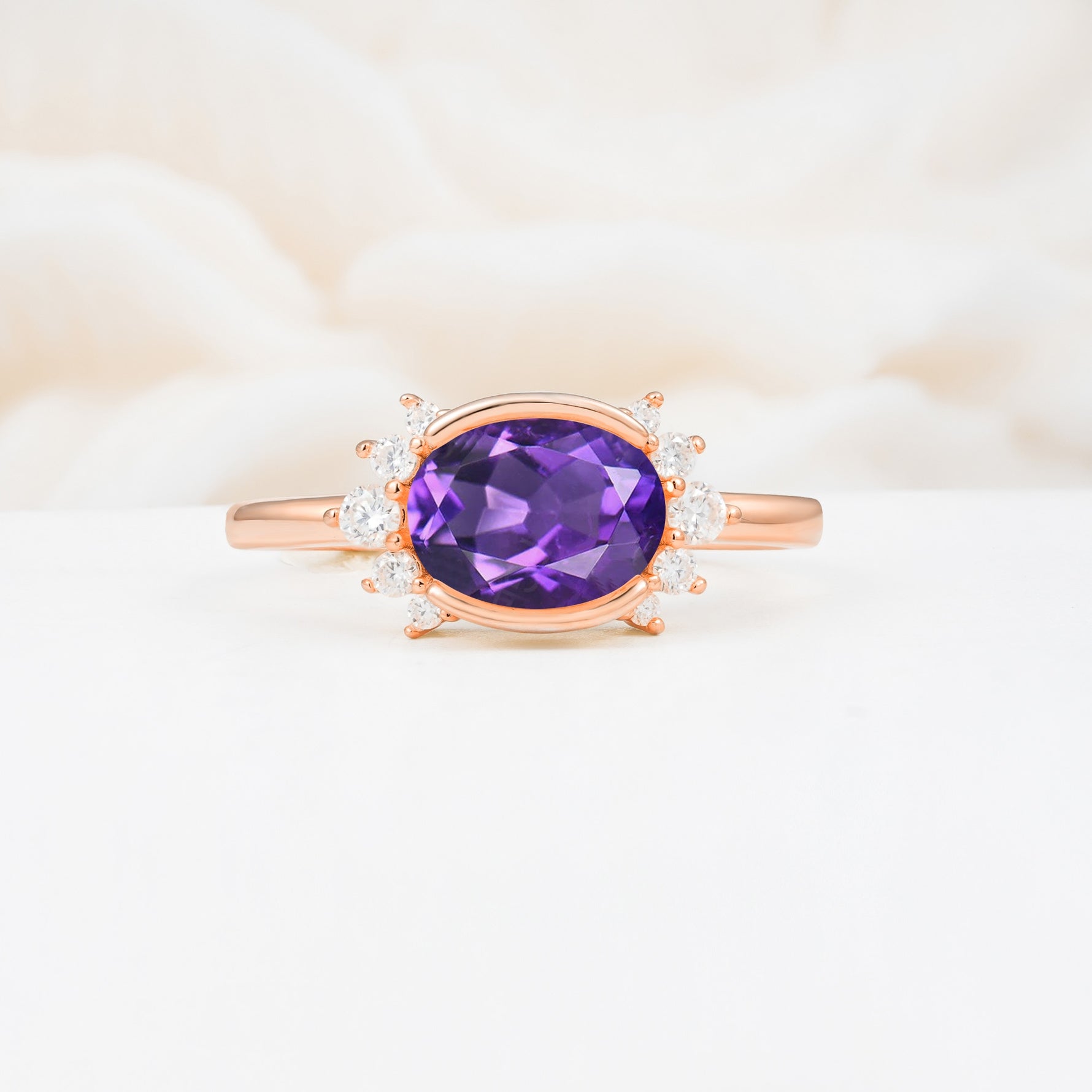 Timeless Oval Cut Bezel Frame Halo Amethyst Engagement Ring - Additional view