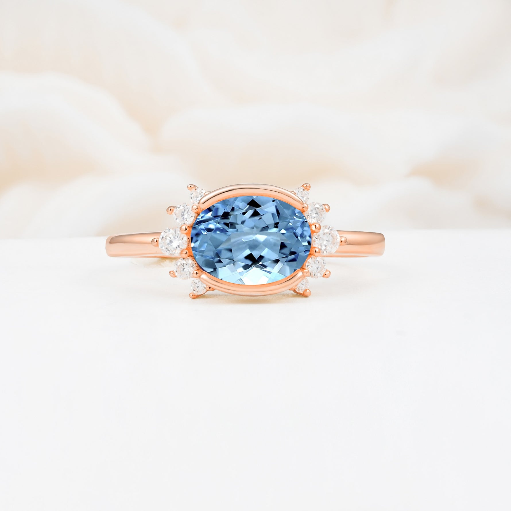 Timeless Oval Cut Bezel Frame Halo Aquamarine Engagement Ring - Additional view