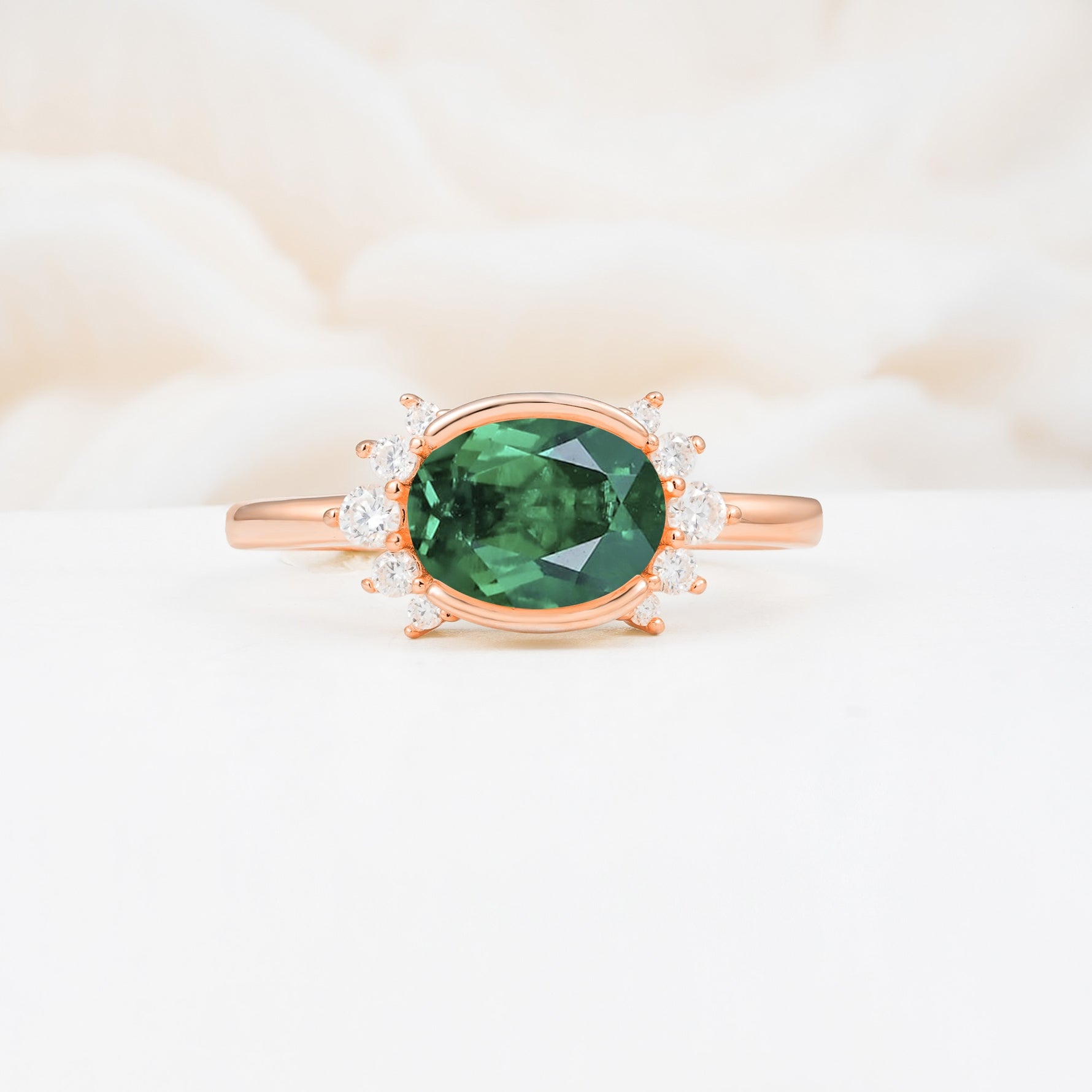 Timeless Oval Cut Bezel Frame Halo Emerald Engagement Ring - Additional view