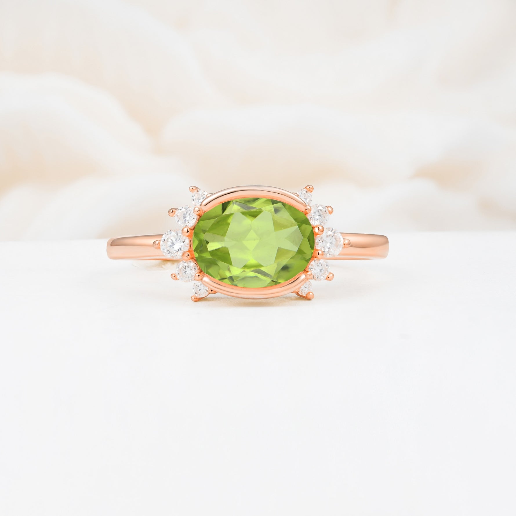 Timeless Oval Cut Bezel Frame Halo Peridot Engagement Ring - Additional view