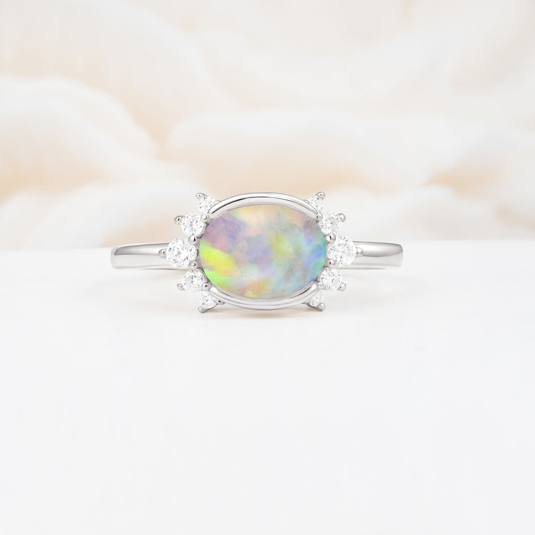 Timeless Oval Cut Bezel Frame Halo Fire Opal Engagement Ring - Additional view