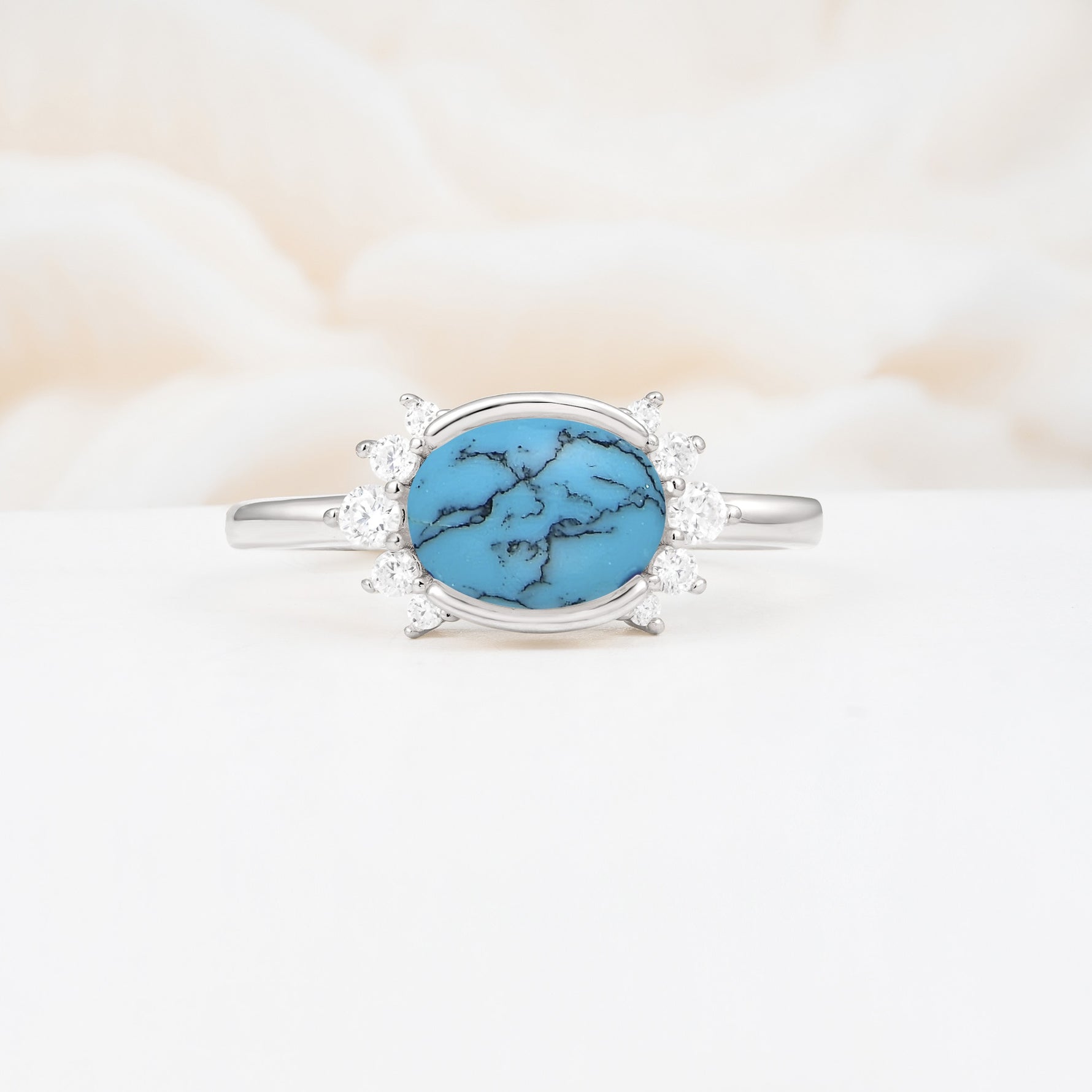 Timeless Oval Cut Bezel Frame Halo Turquoise Engagement Ring - Additional view