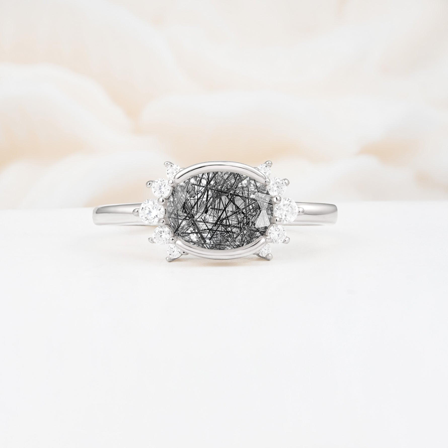 Timeless Oval Cut Bezel Frame Halo Black Rutilated Quartz Engagement Ring - Additional view