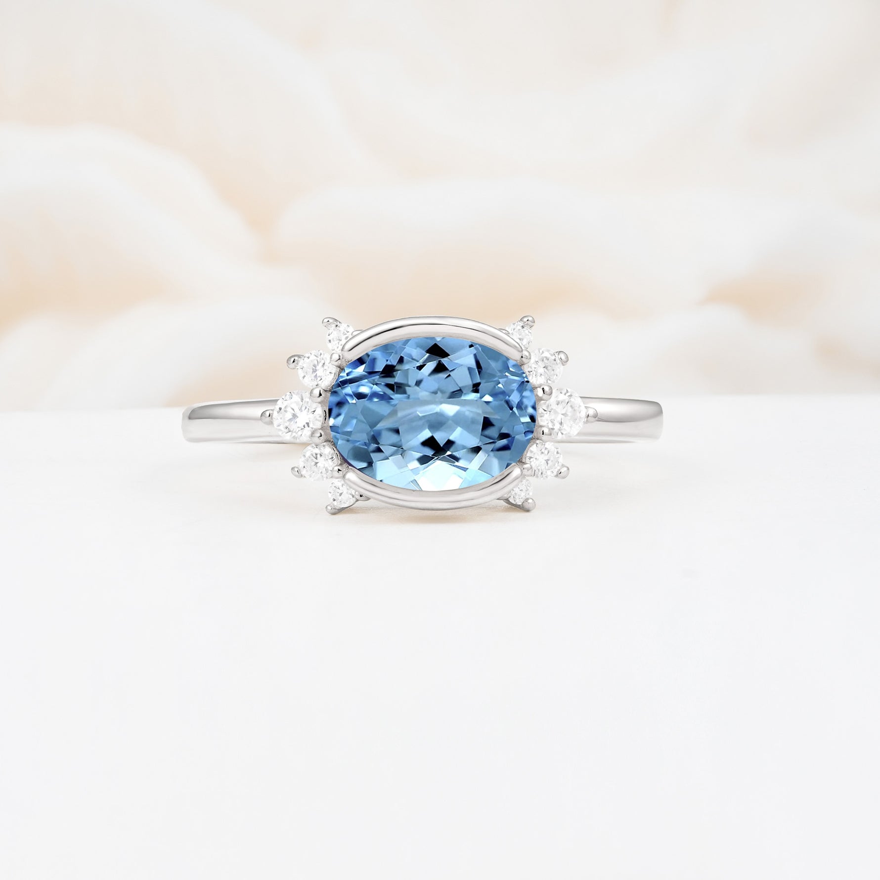 Timeless Oval Cut Bezel Frame Halo Aquamarine Engagement Ring - Additional view