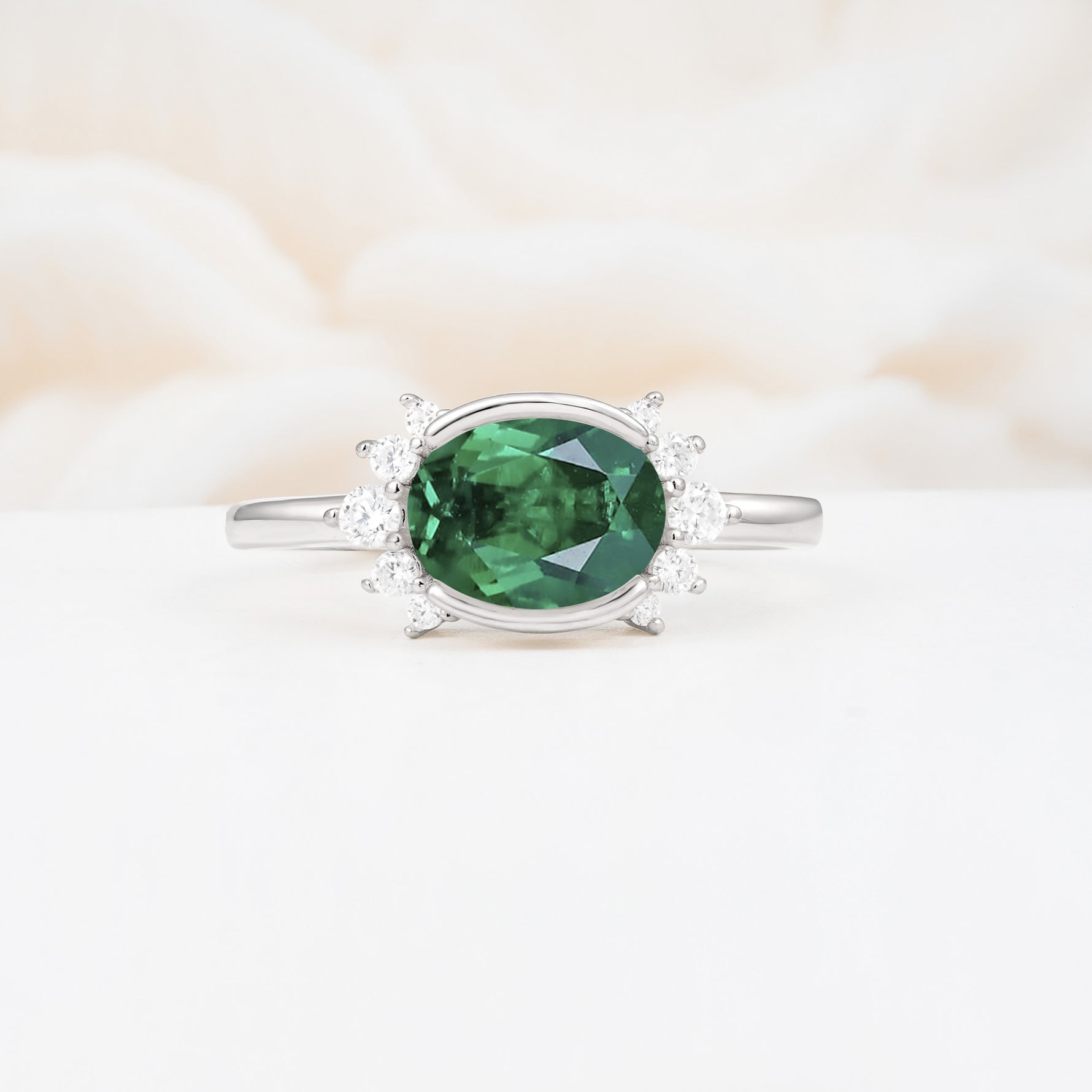 Timeless Oval Cut Bezel Frame Halo Emerald Engagement Ring - Additional view