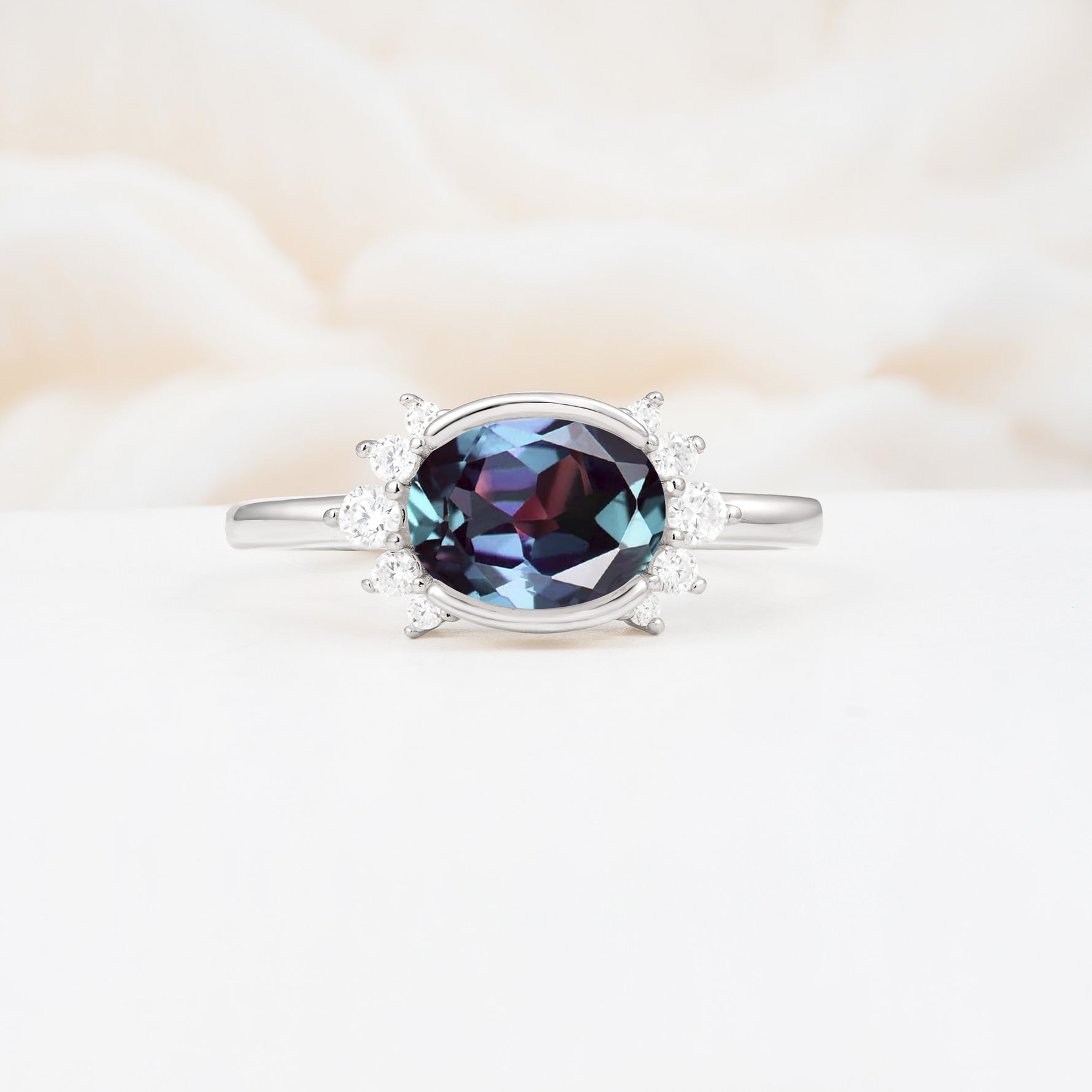 Timeless Oval Cut Bezel Frame Halo Alexandrite Engagement Ring - Additional view
