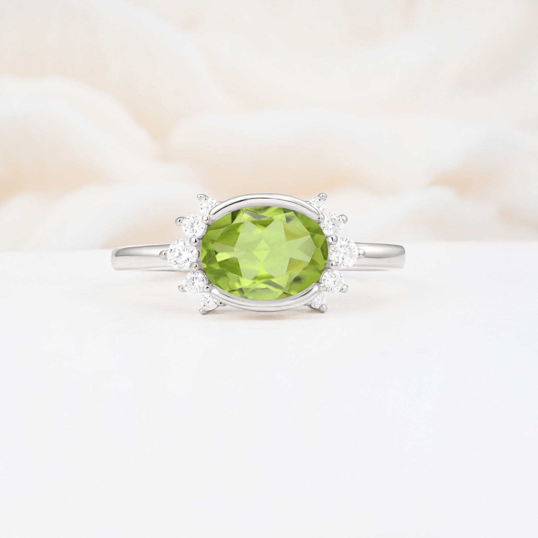Timeless Oval Cut Bezel Frame Halo Peridot Engagement Ring - Additional view
