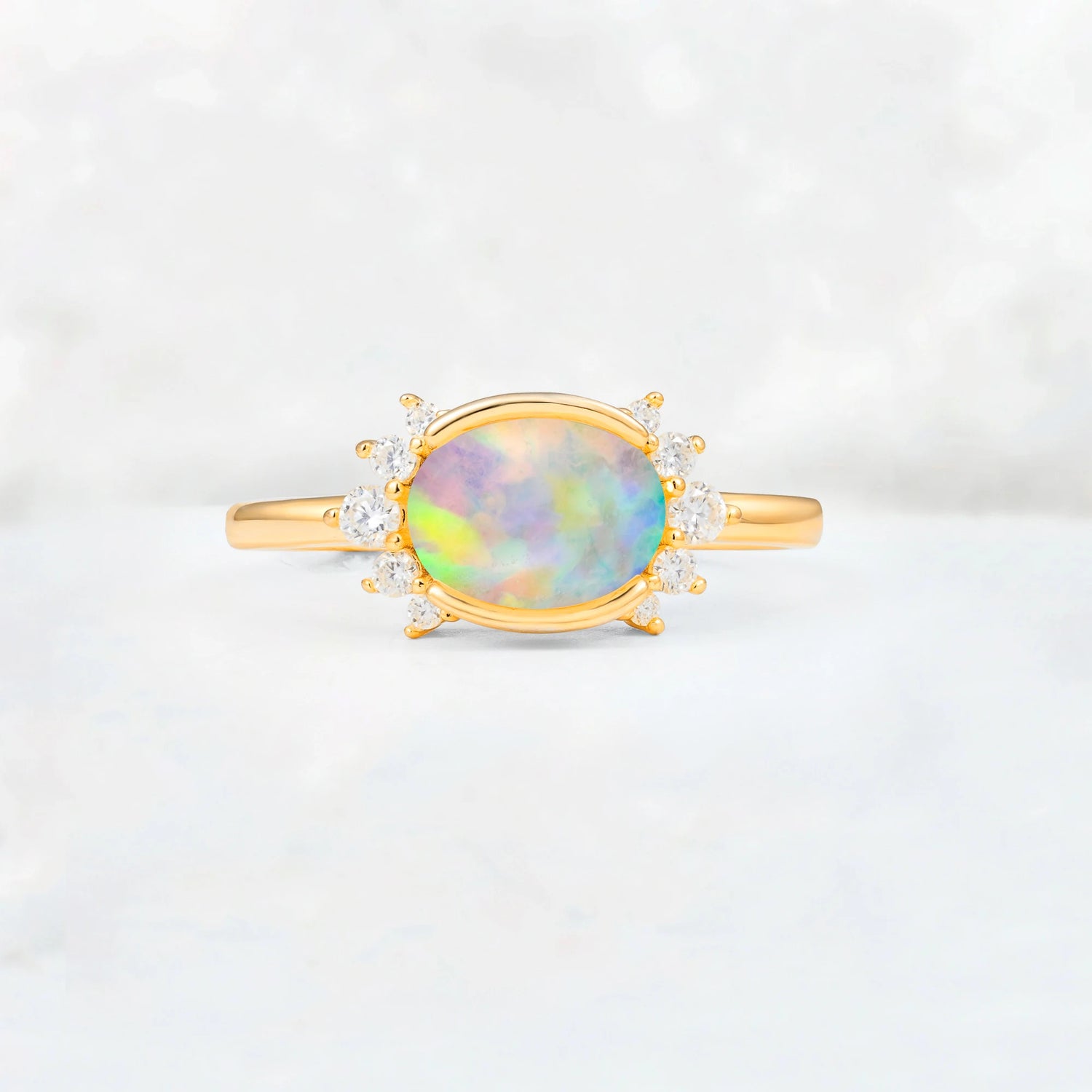 Timeless Oval Cut Bezel Frame Halo Fire Opal Engagement Ring