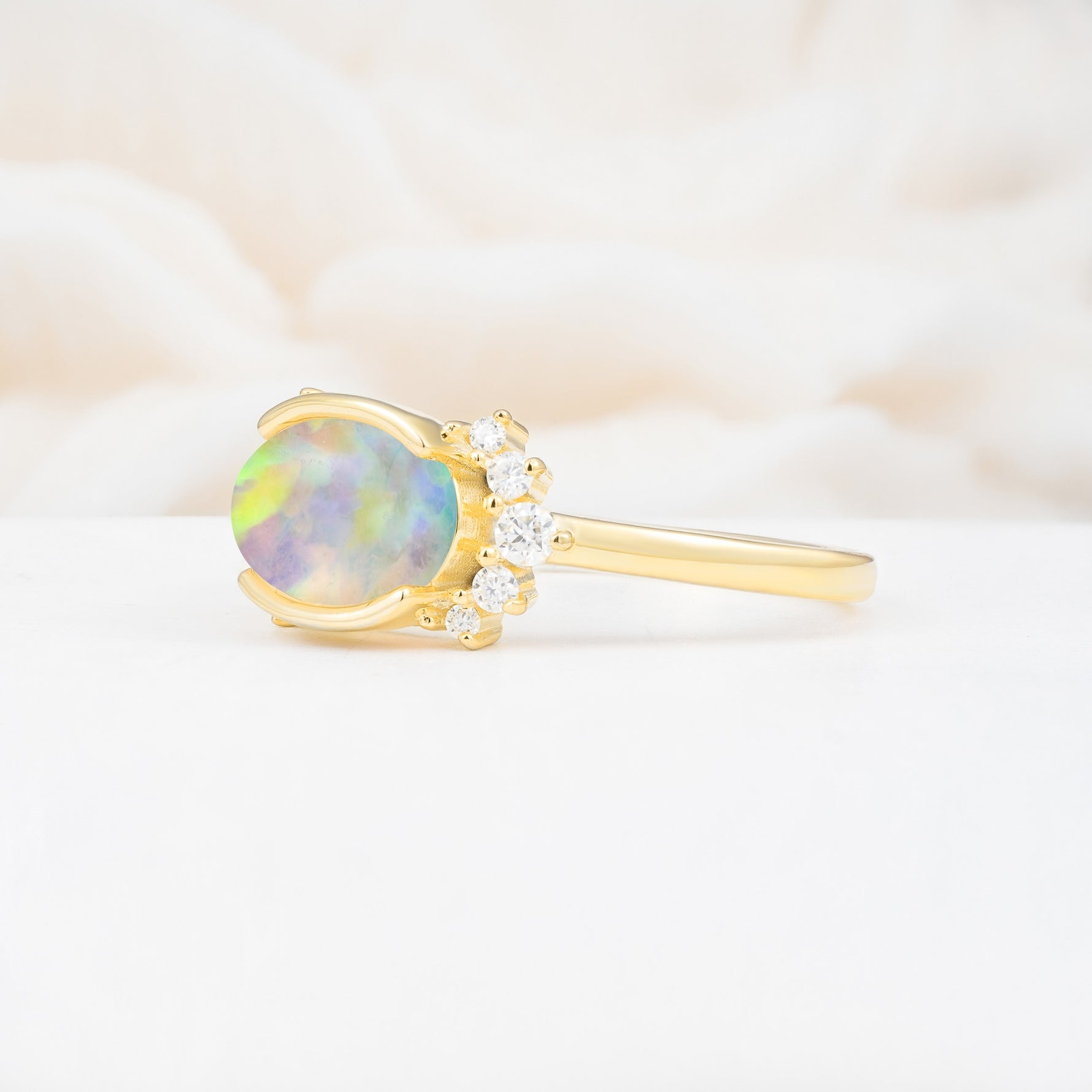 Timeless Oval Cut Bezel Frame Halo Fire Opal Engagement Ring - Additional view