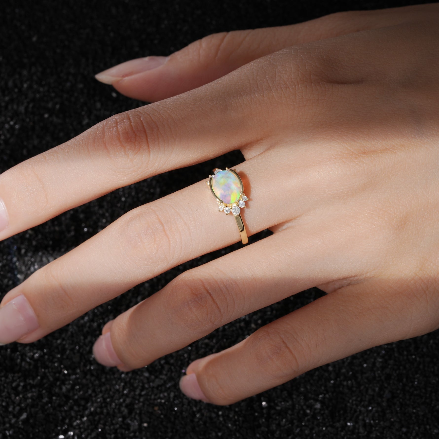 Timeless Oval Cut Bezel Frame Halo Fire Opal Engagement Ring - Additional view