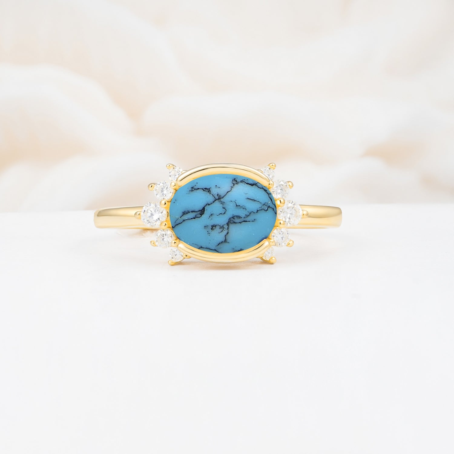 Timeless Oval Cut Bezel Frame Halo Turquoise Engagement Ring - Additional view