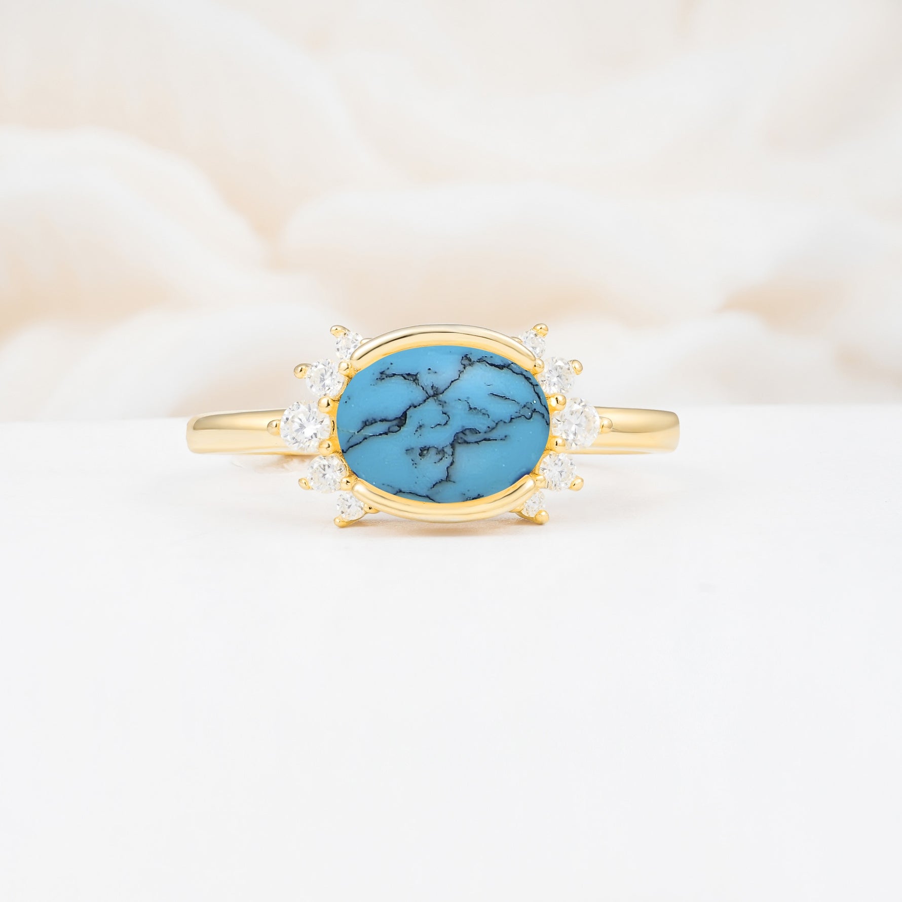 Timeless Oval Cut Bezel Frame Halo Turquoise Engagement Ring - Additional view