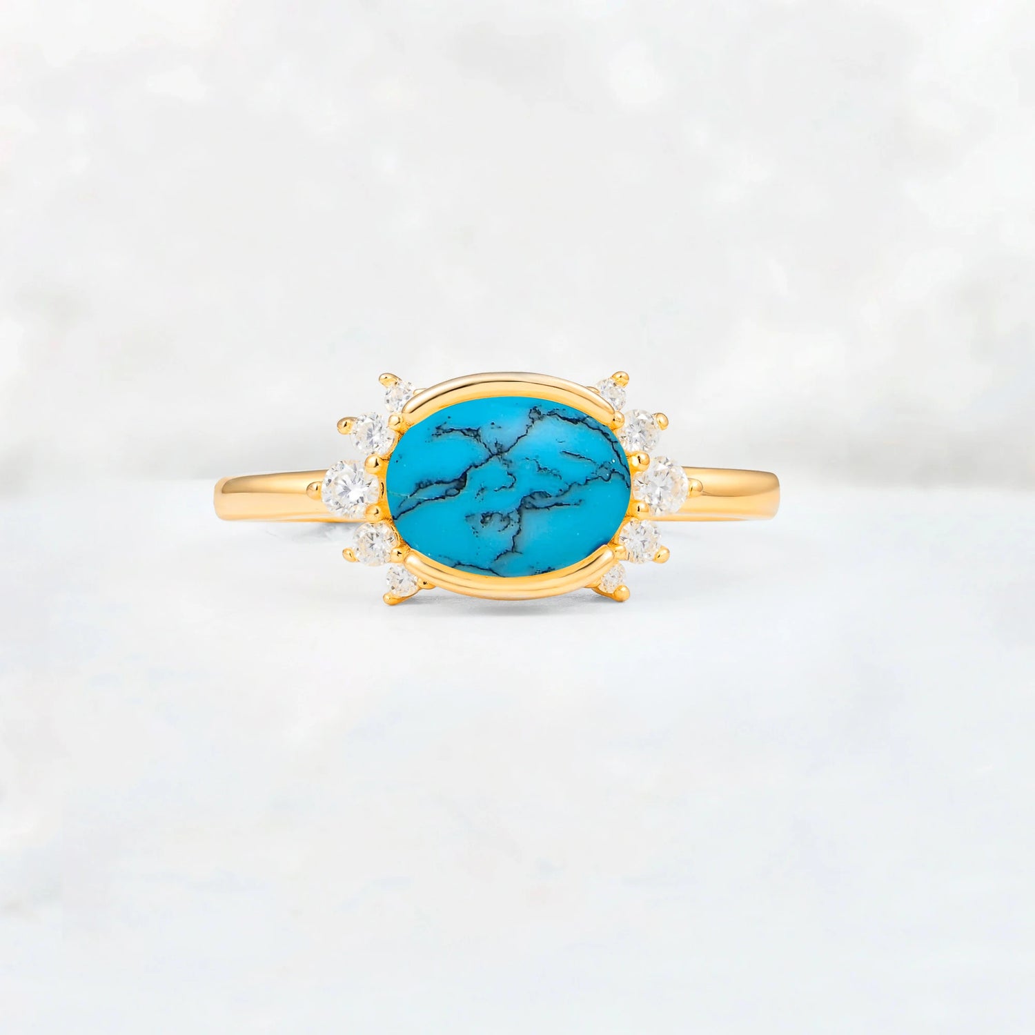 Timeless Oval Cut Bezel Frame Halo Turquoise Engagement Ring