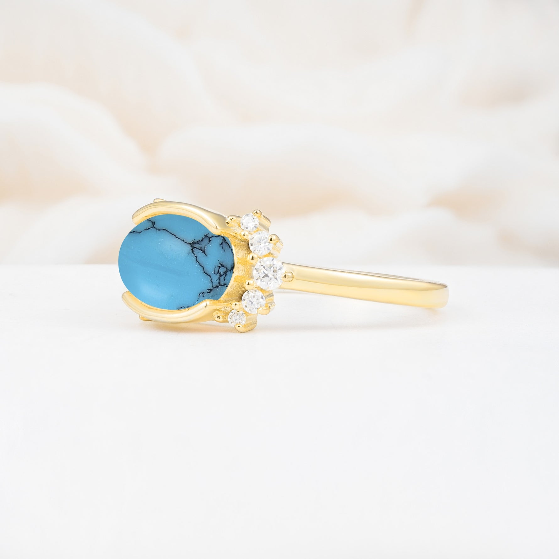 Timeless Oval Cut Bezel Frame Halo Turquoise Engagement Ring - Additional view