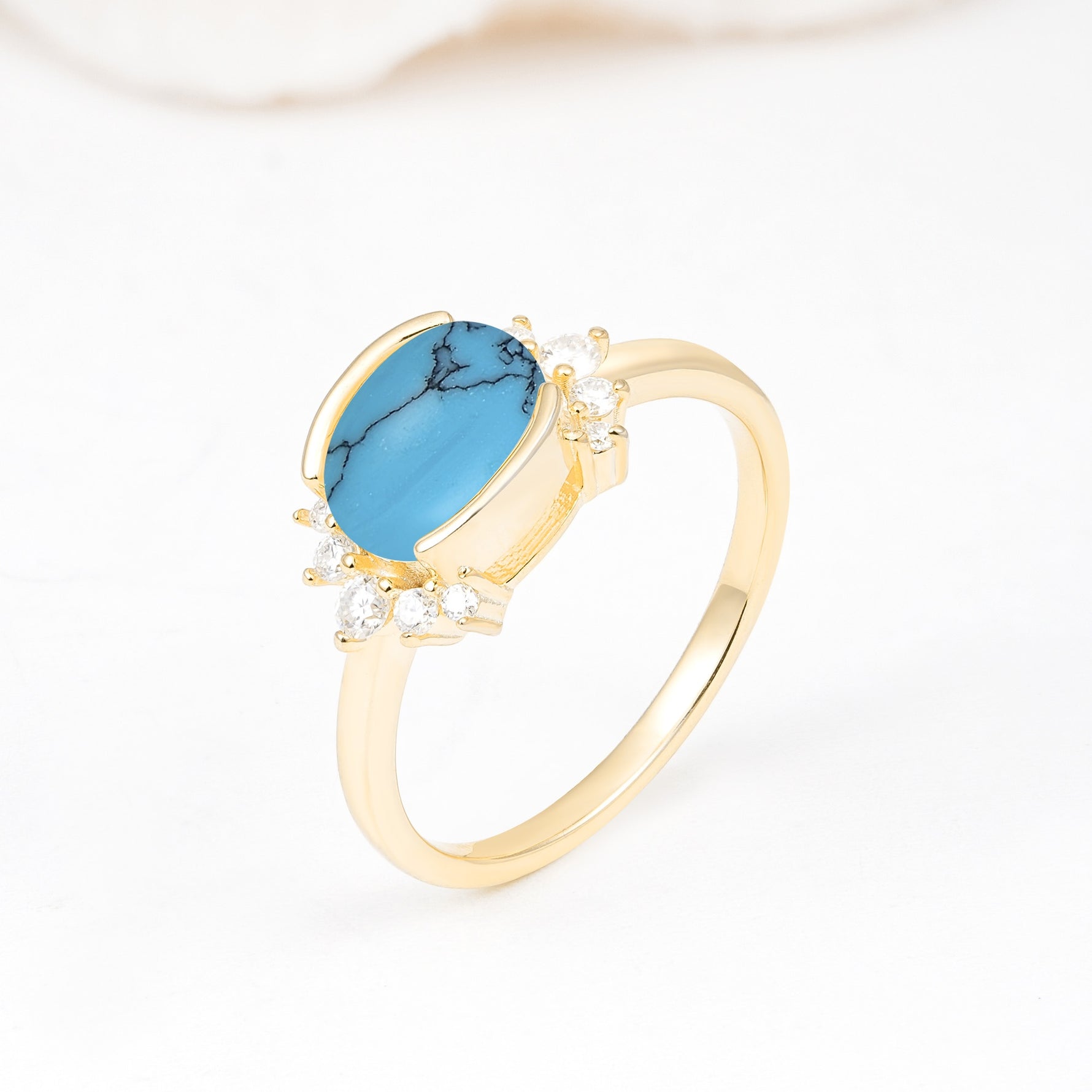 Timeless Oval Cut Bezel Frame Halo Turquoise Engagement Ring - Additional view