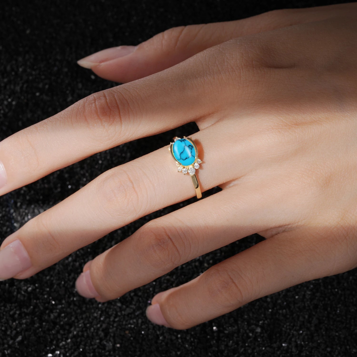 Timeless Oval Cut Bezel Frame Halo Turquoise Engagement Ring