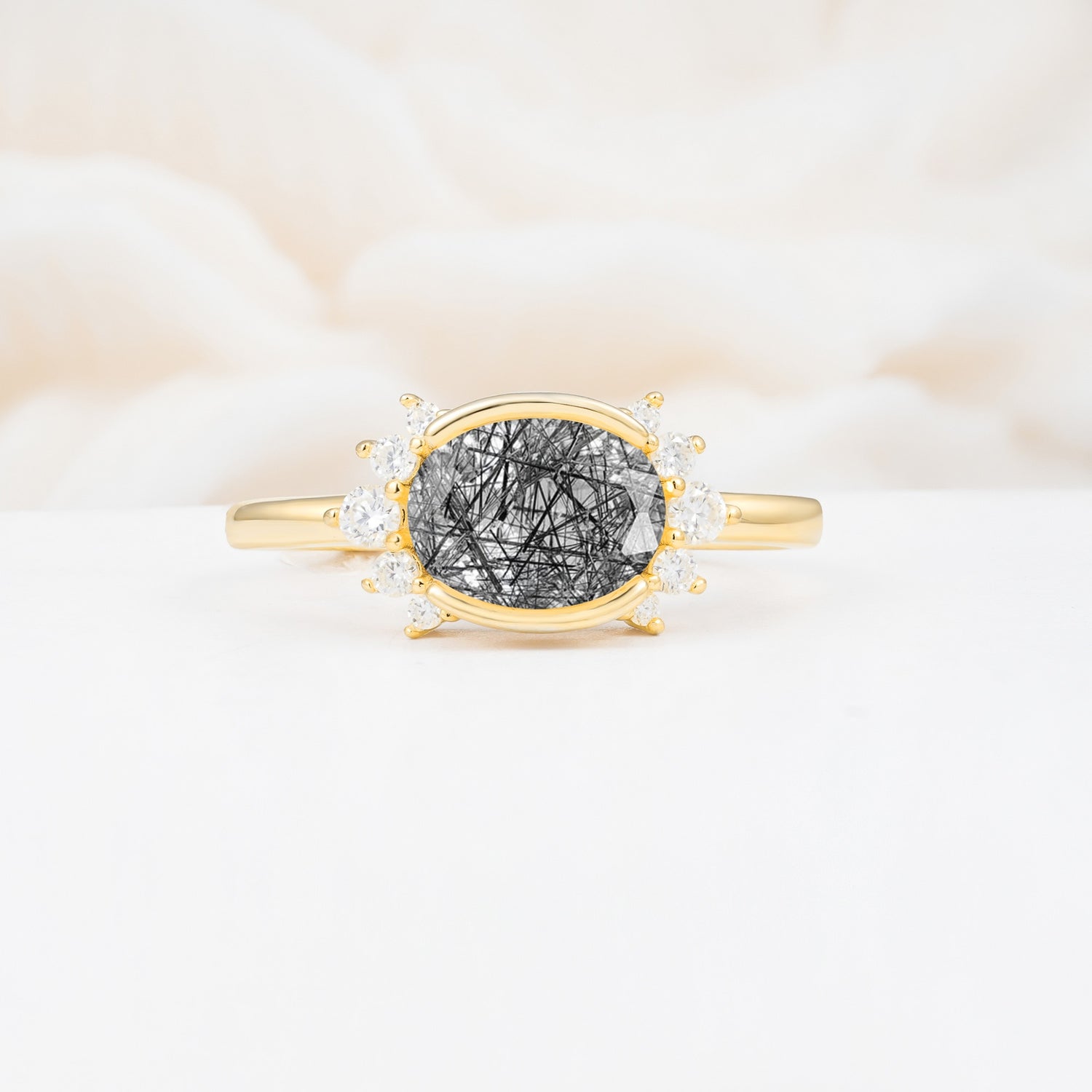 Timeless Oval Cut Bezel Frame Halo Black Rutilated Quartz Engagement Ring - Additional view