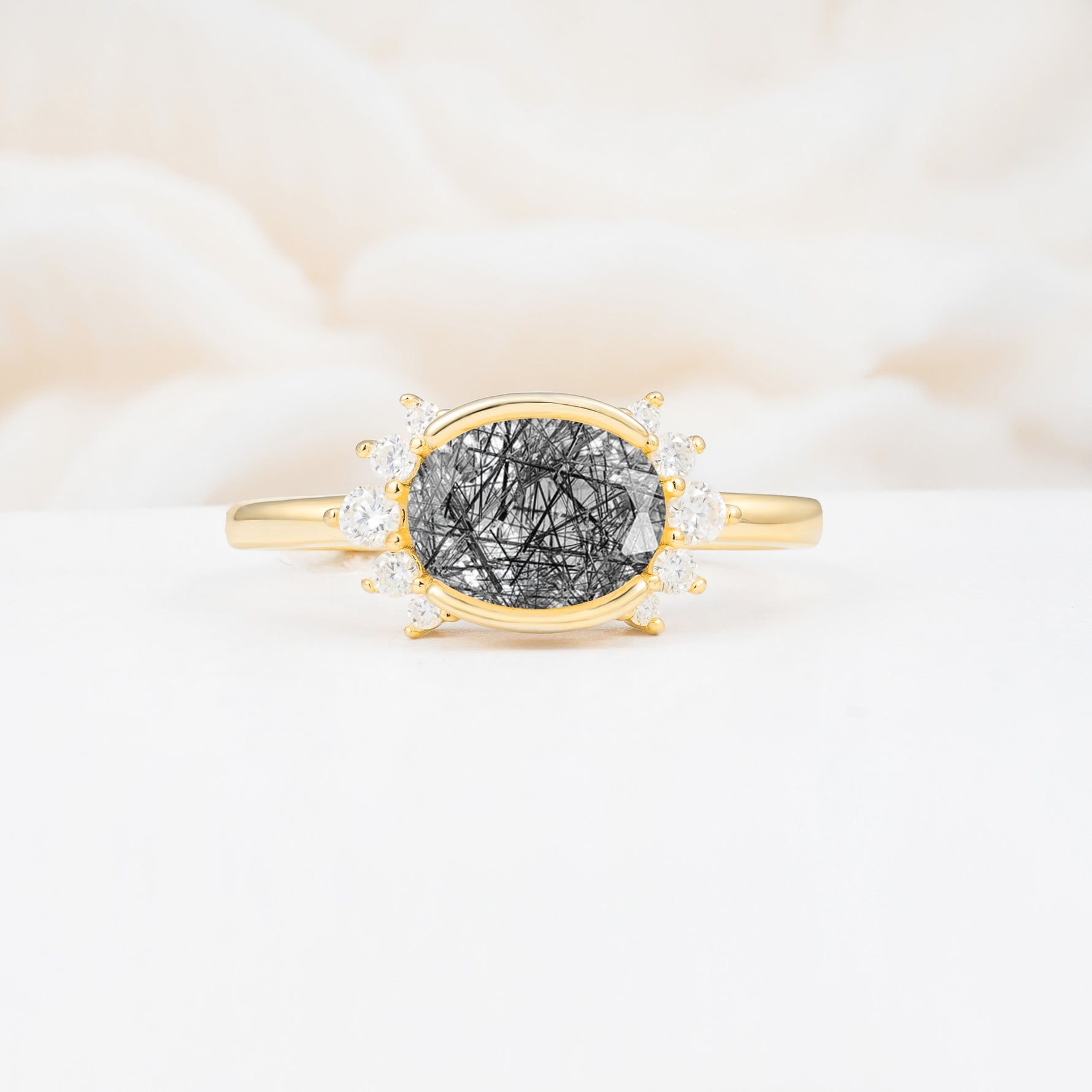 Timeless Oval Cut Bezel Frame Halo Black Rutilated Quartz Engagement Ring - Additional view