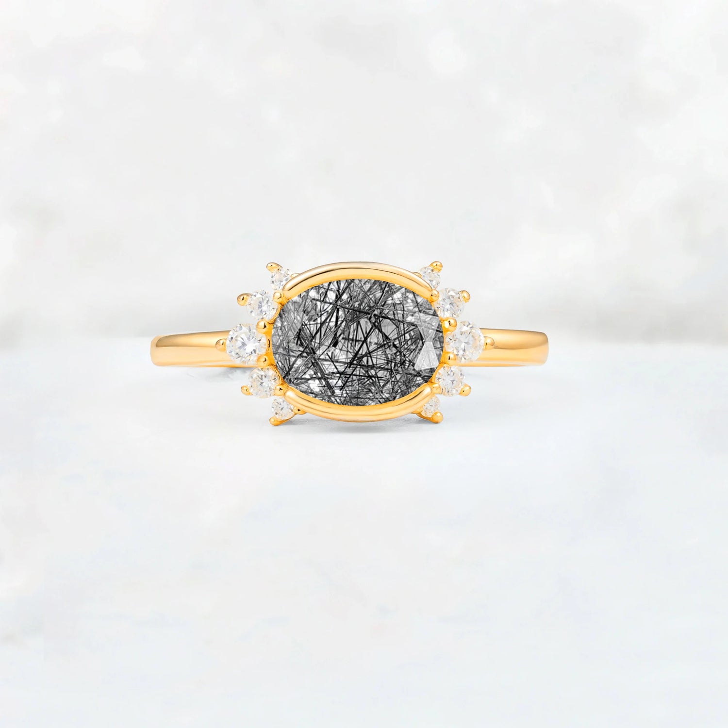 Timeless Oval Cut Bezel Frame Halo Black Rutilated Quartz Engagement Ring