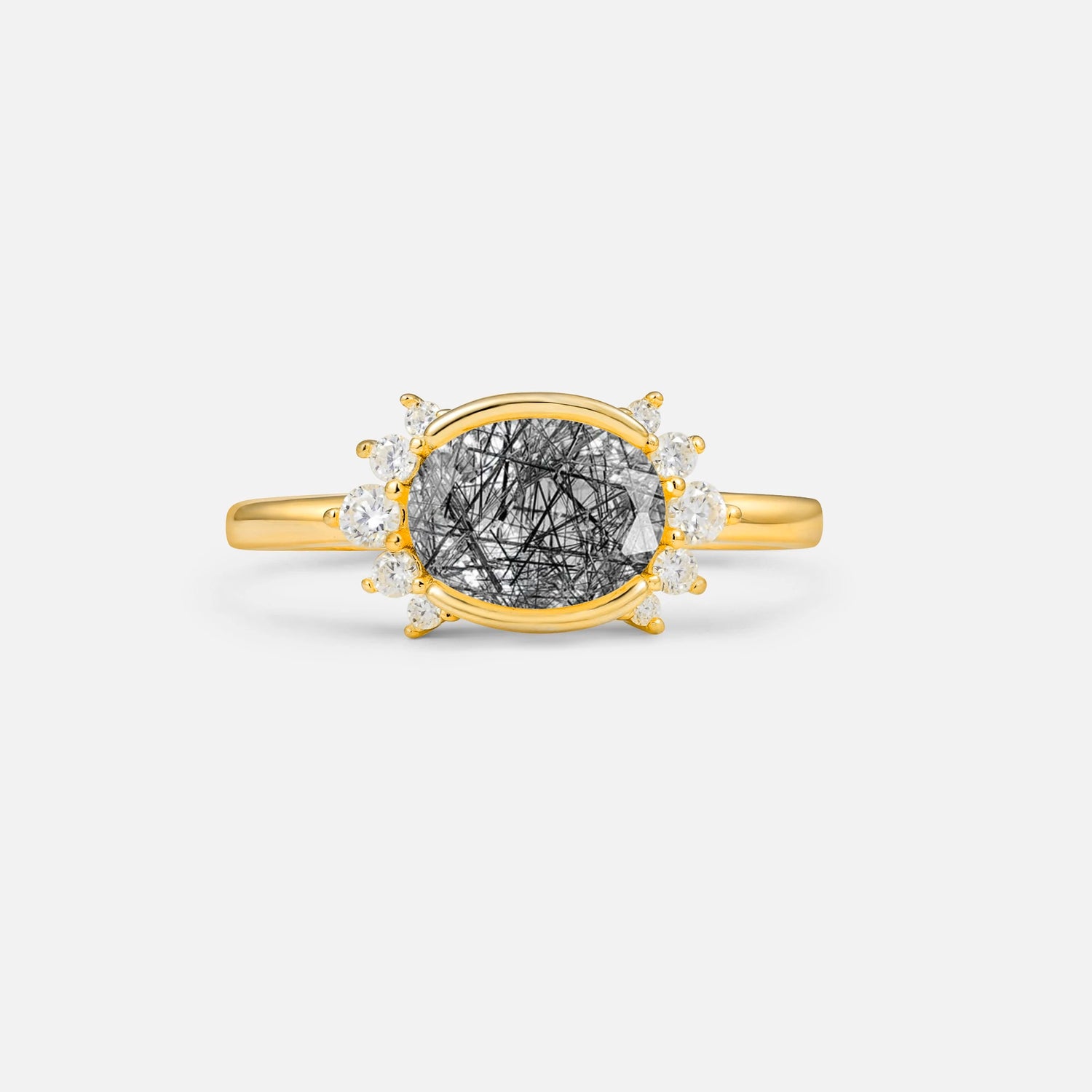 Timeless Oval Cut Bezel Frame Halo Black Rutilated Quartz Engagement Ring
