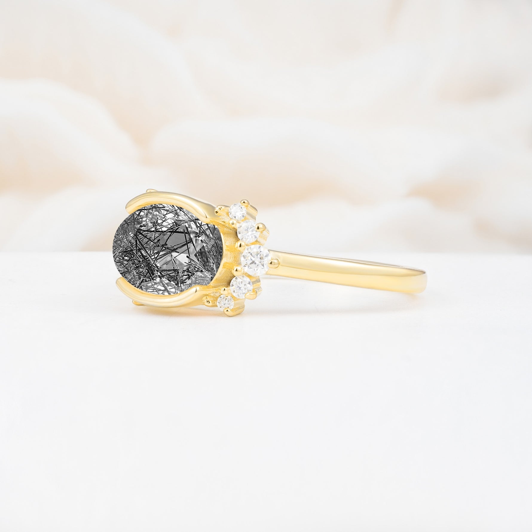 Timeless Oval Cut Bezel Frame Halo Black Rutilated Quartz Engagement Ring - Additional view