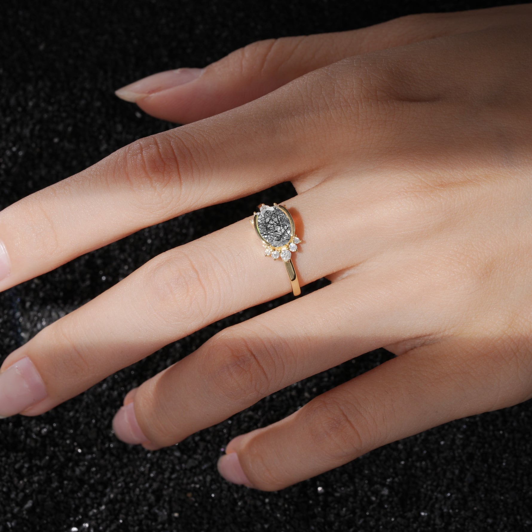 Timeless Oval Cut Bezel Frame Halo Black Rutilated Quartz Engagement Ring - Additional view