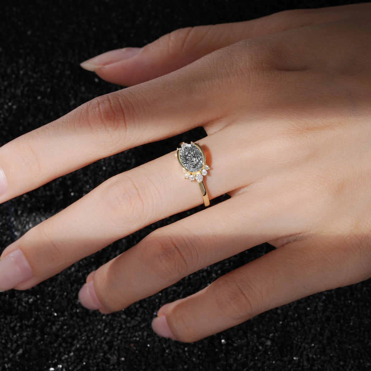 Timeless Oval Cut Bezel Frame Halo Black Rutilated Quartz Engagement Ring