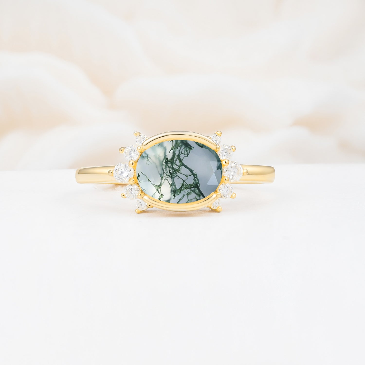 Timeless Oval Cut Bezel Frame Halo Moss Agate Engagement Ring - Additional view