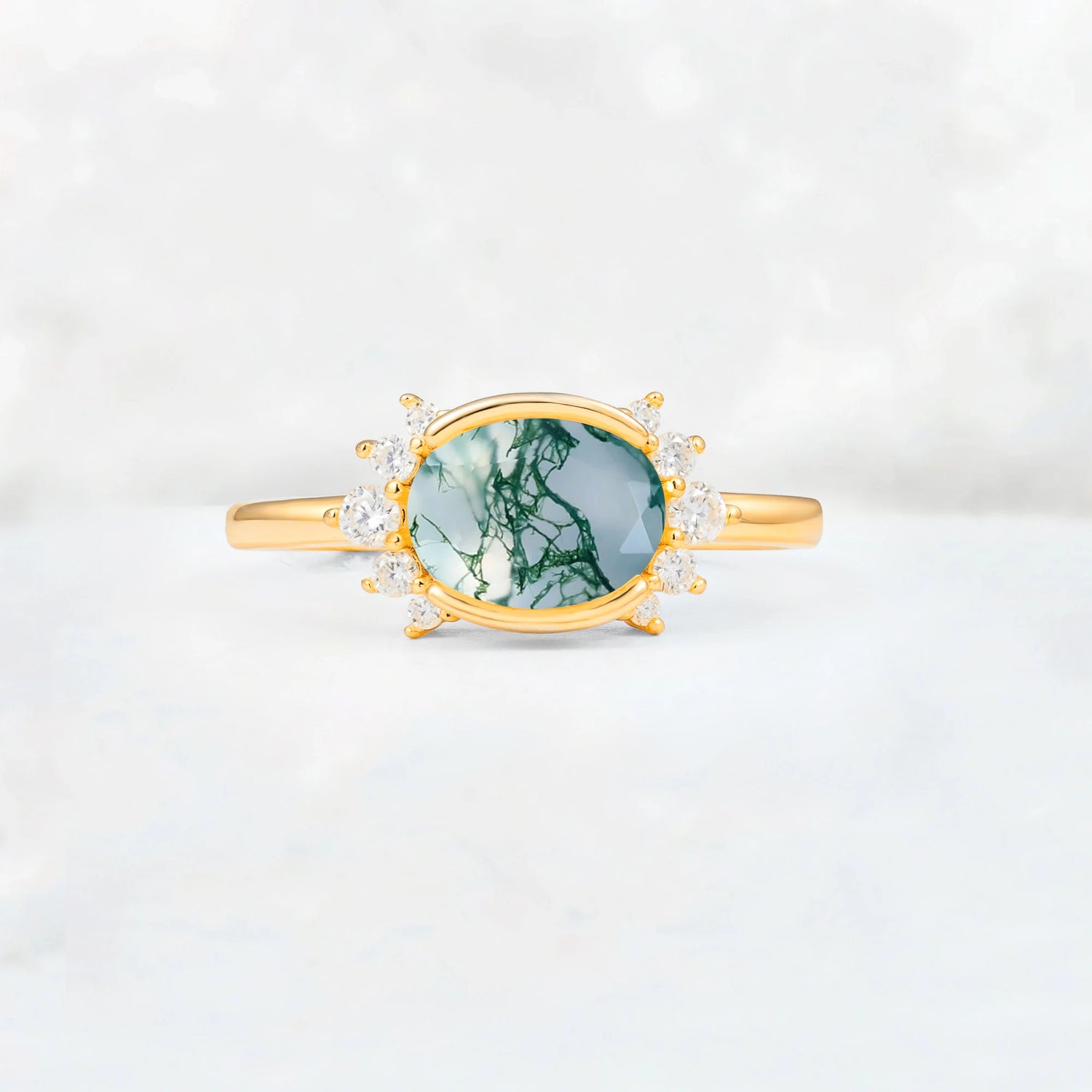 Timeless Oval Cut Bezel Frame Halo Moss Agate Engagement Ring