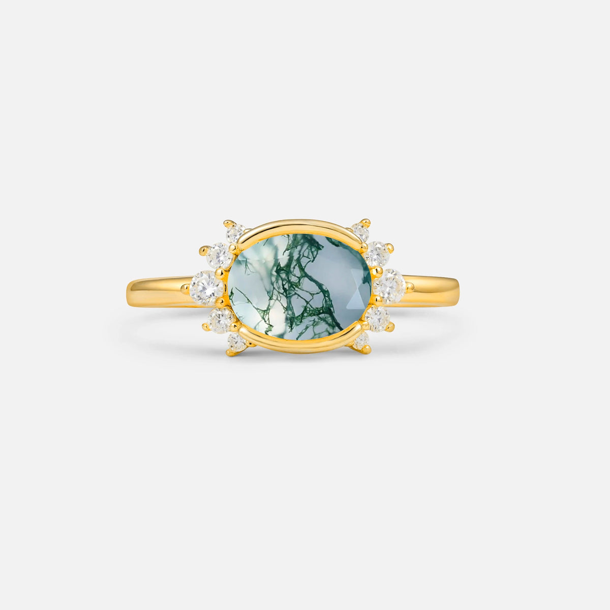 Timeless Oval Cut Bezel Frame Halo Moss Agate Engagement Ring