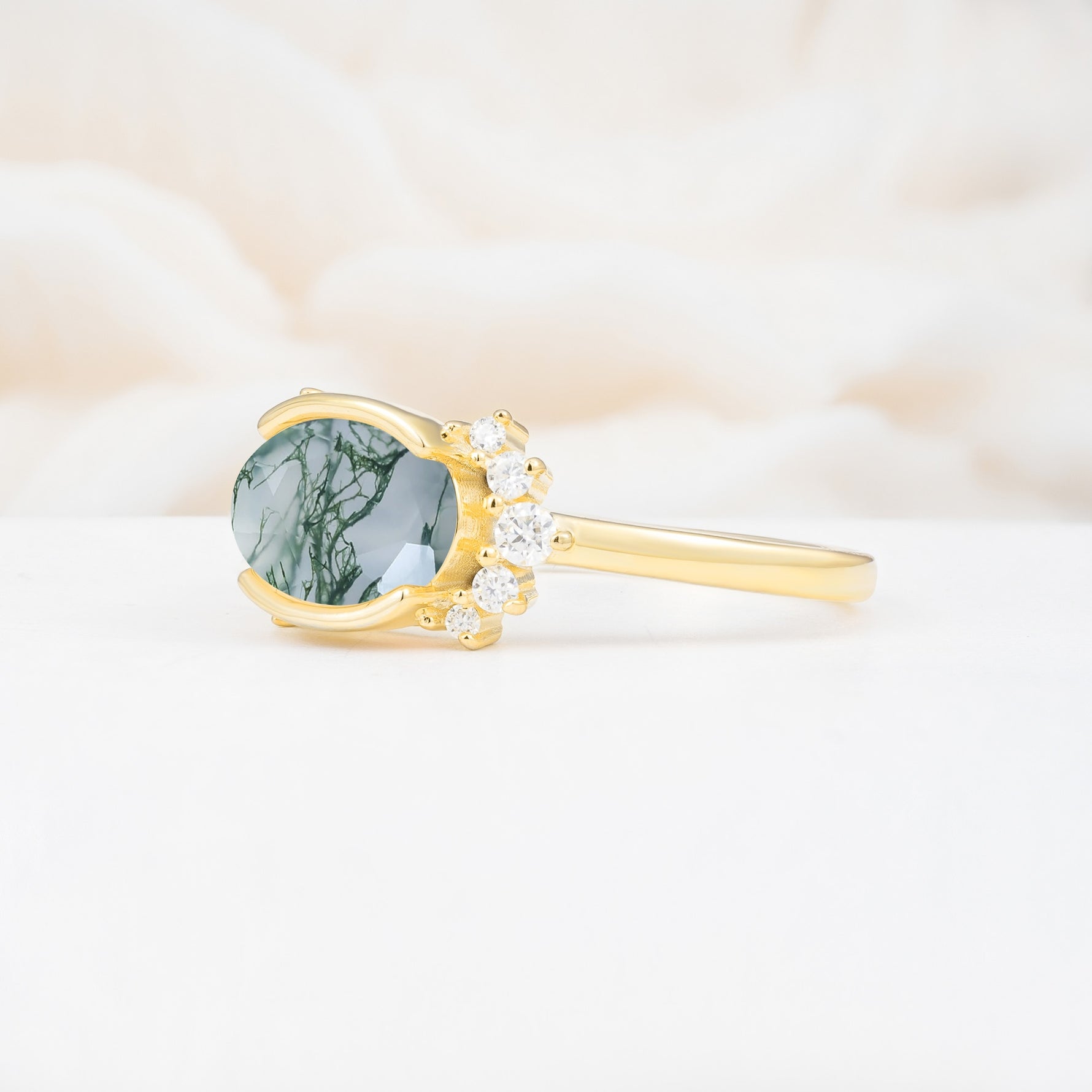 Timeless Oval Cut Bezel Frame Halo Moss Agate Engagement Ring - Additional view