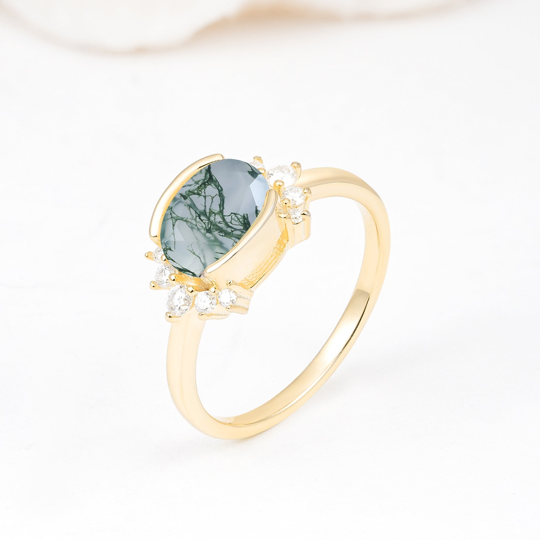 Timeless Oval Cut Bezel Frame Halo Moss Agate Engagement Ring - Additional view
