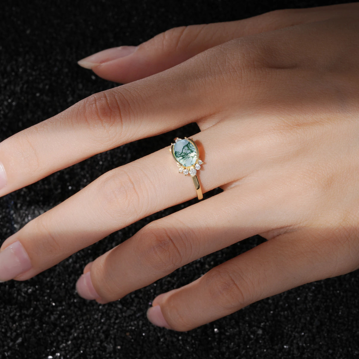 Timeless Oval Cut Bezel Frame Halo Moss Agate Engagement Ring
