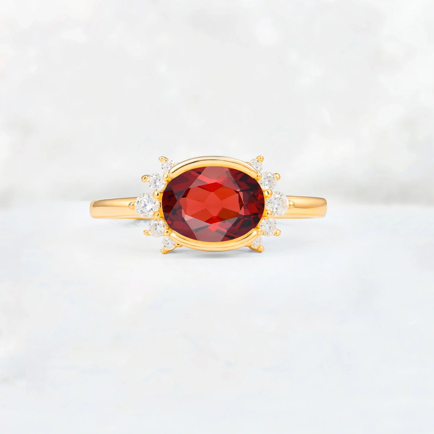 Timeless Oval Cut Bezel Frame Halo Garnet Engagement Ring