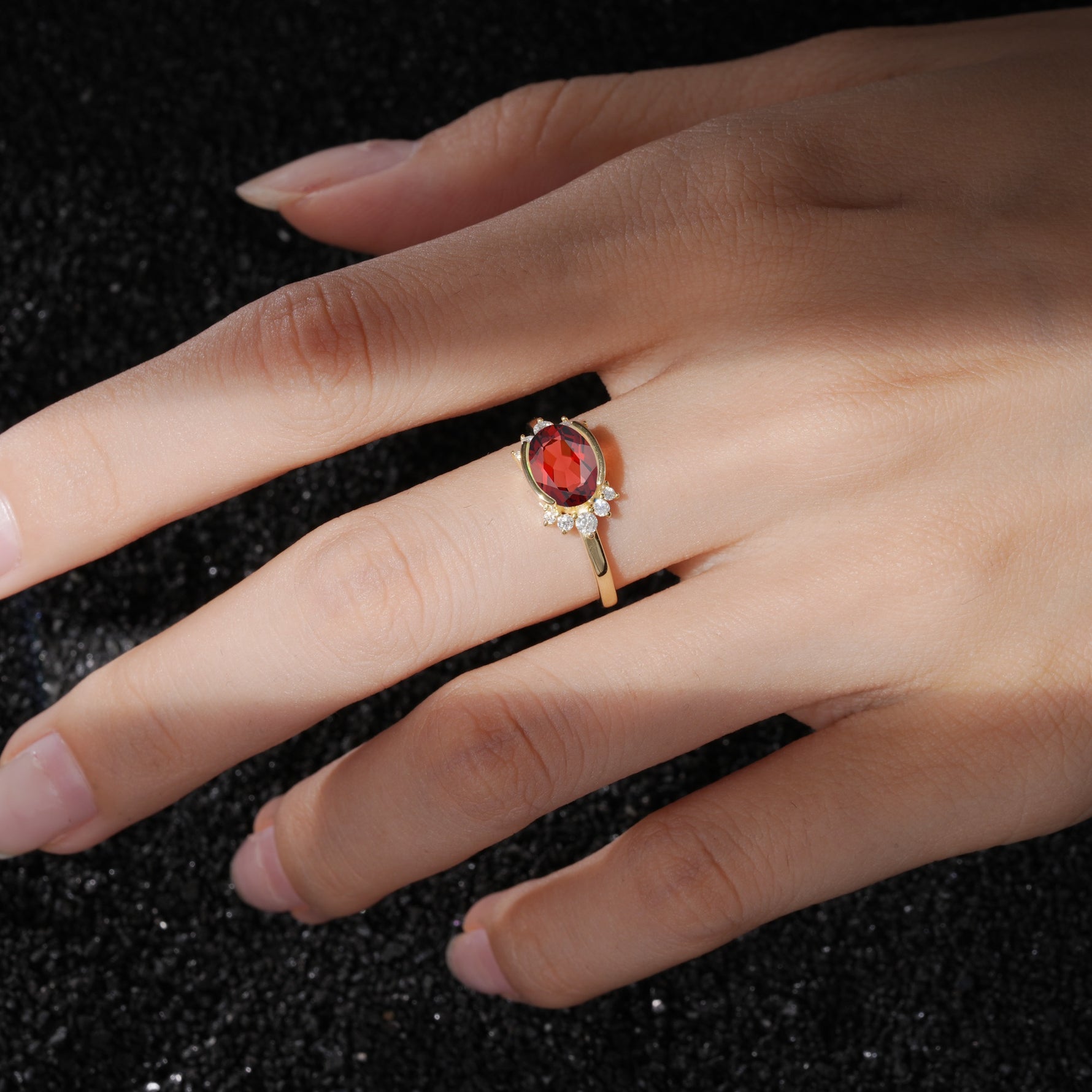Timeless Oval Cut Bezel Frame Halo Garnet Engagement Ring - Additional view