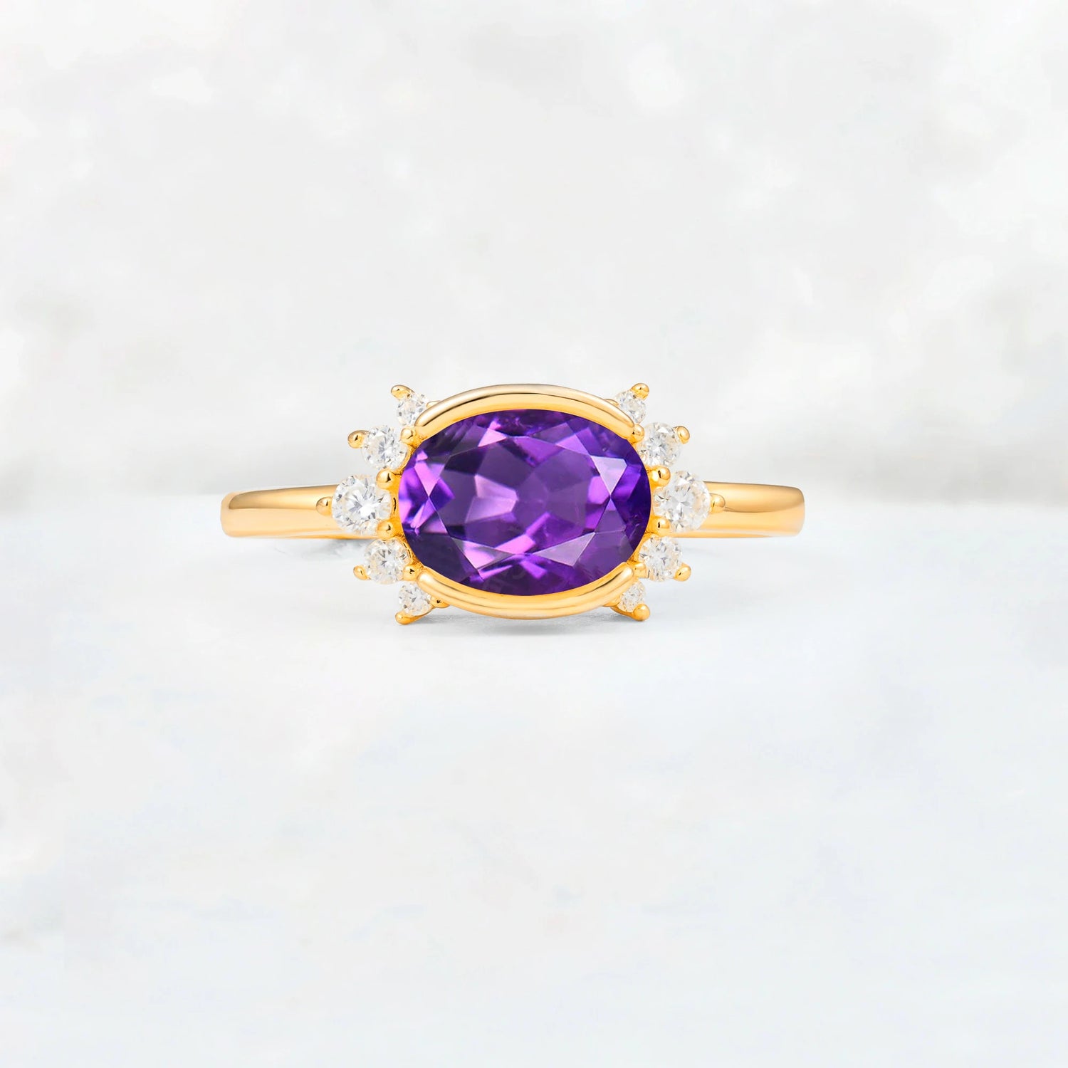 Timeless Oval Cut Bezel Frame Halo Amethyst Engagement Ring