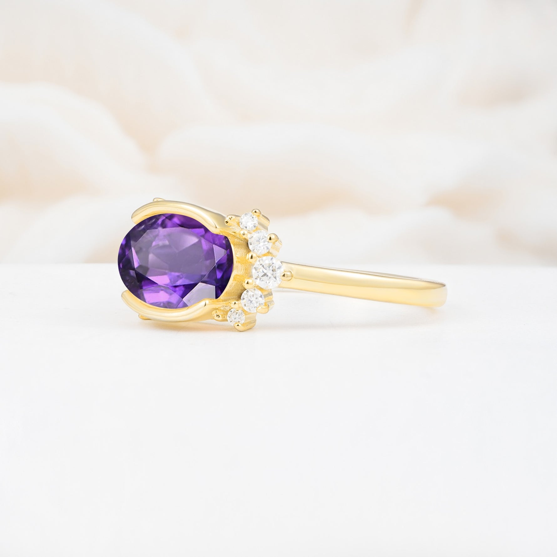 Timeless Oval Cut Bezel Frame Halo Amethyst Engagement Ring - Additional view