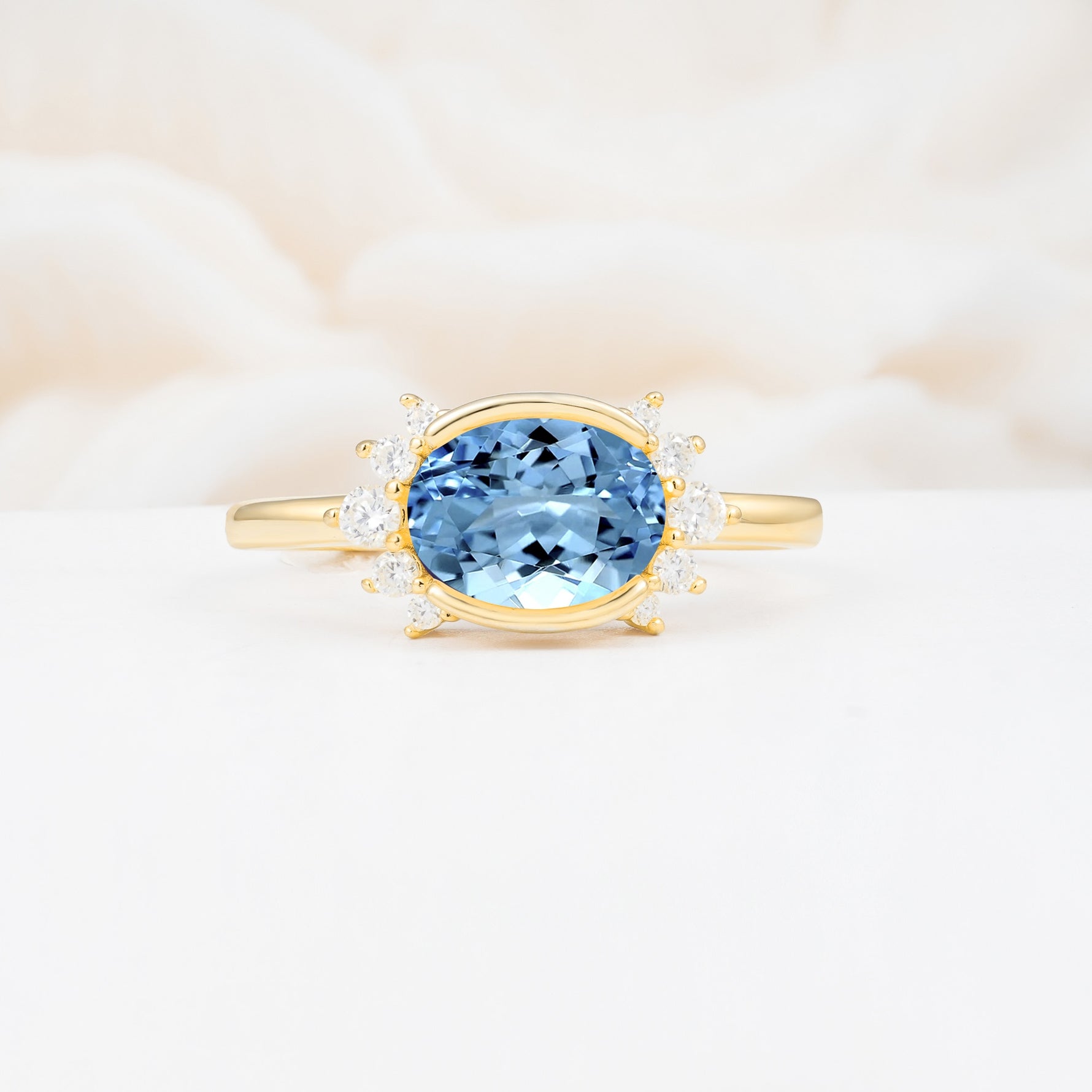 Timeless Oval Cut Bezel Frame Halo Aquamarine Engagement Ring - Additional view