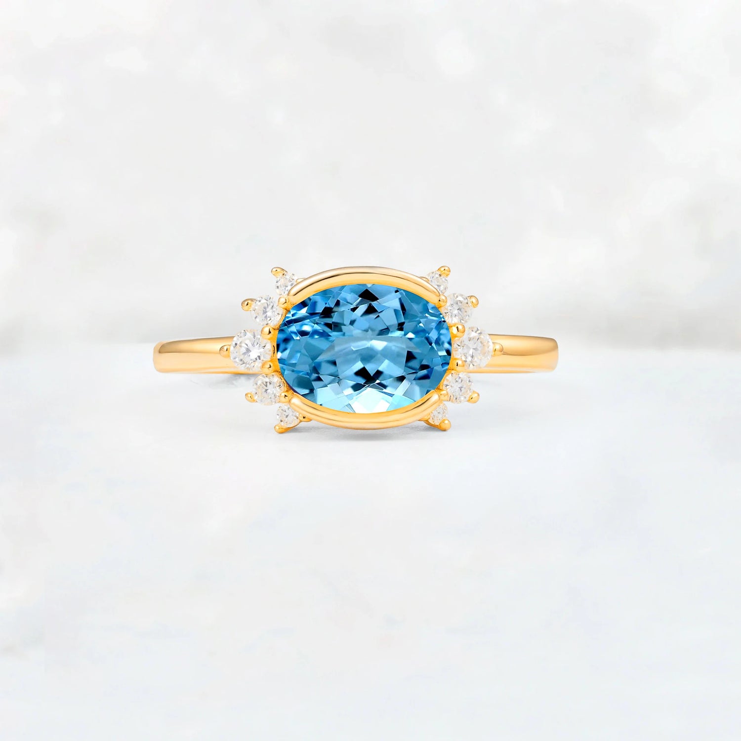 Timeless Oval Cut Bezel Frame Halo Aquamarine Engagement Ring