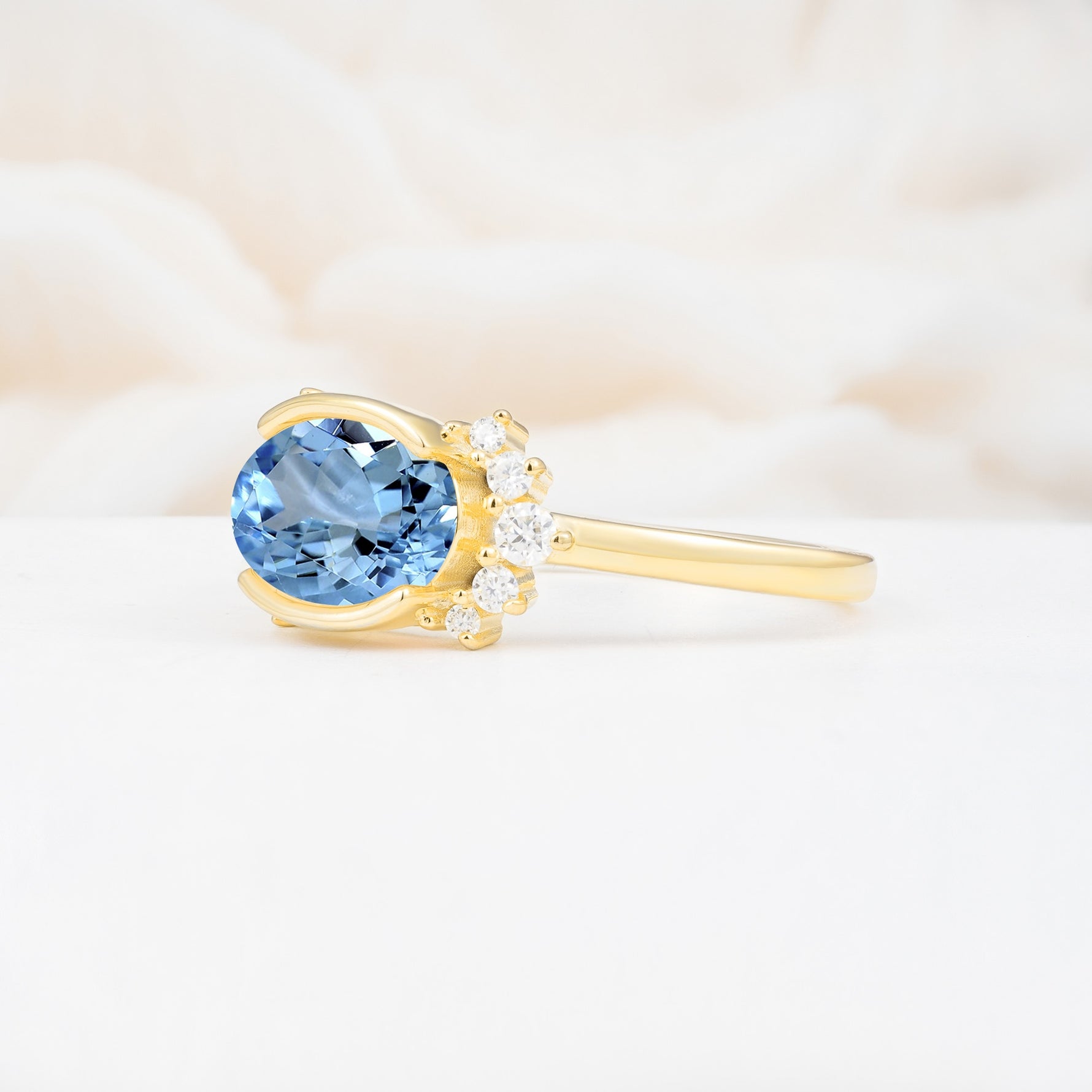 Timeless Oval Cut Bezel Frame Halo Aquamarine Engagement Ring - Additional view