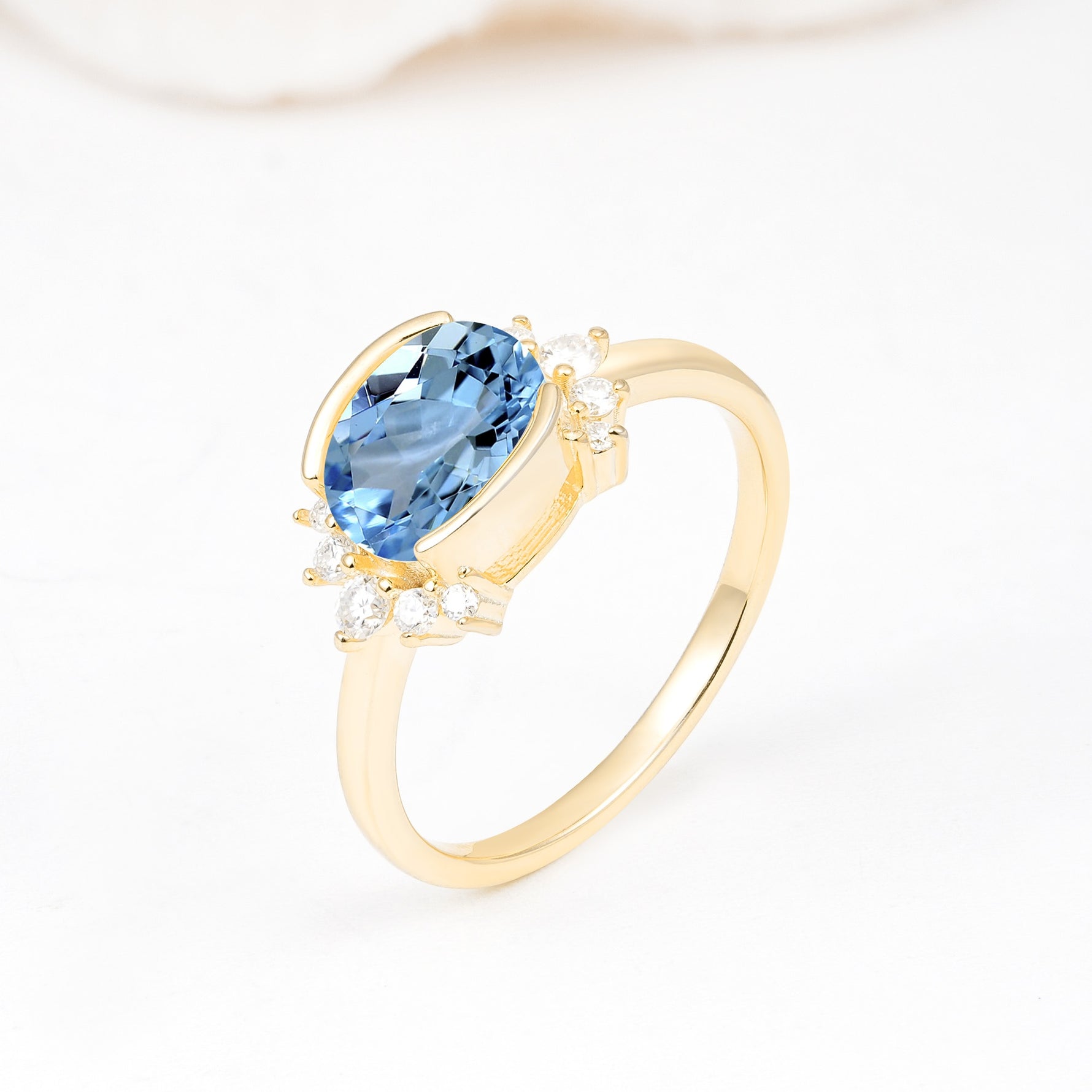Timeless Oval Cut Bezel Frame Halo Aquamarine Engagement Ring - Additional view