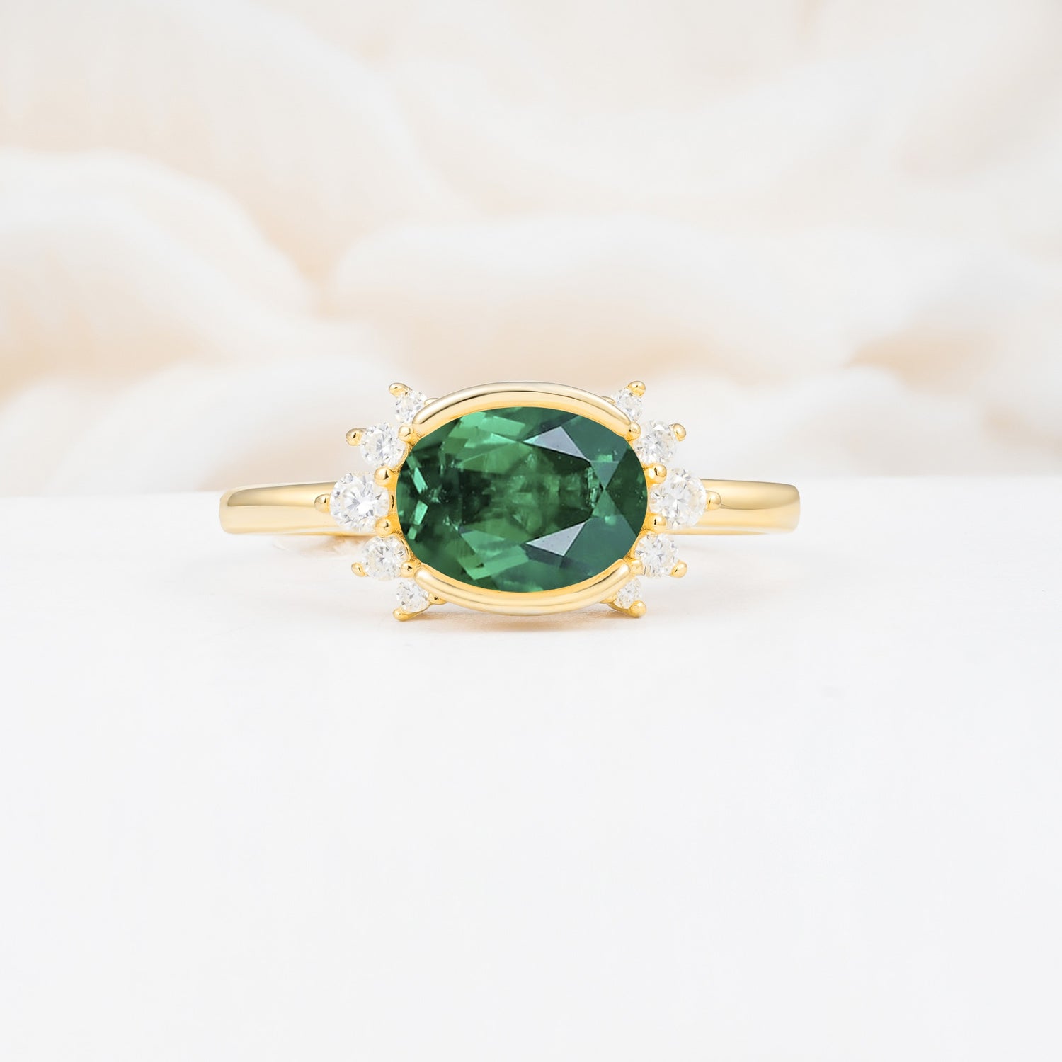 Timeless Oval Cut Bezel Frame Halo Emerald Engagement Ring - Additional view