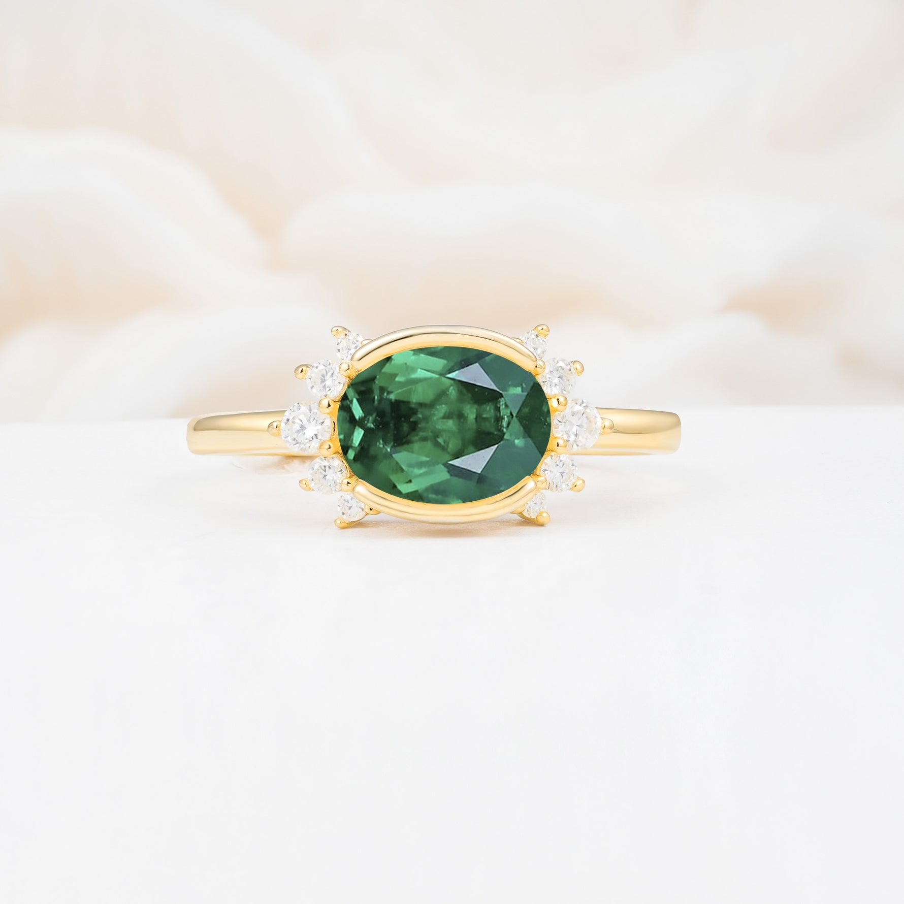 Timeless Oval Cut Bezel Frame Halo Emerald Engagement Ring - Additional view